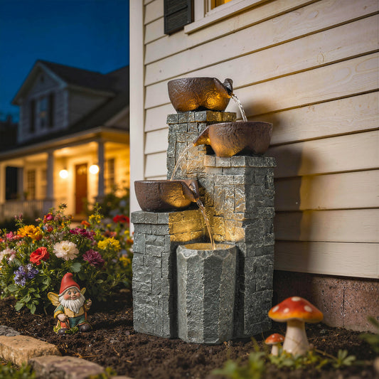 Outsunny 4-Tier Outdoor Fountain With Cascading Waterfall LED Lights Adjustable Flow Grey And Rustic Brown