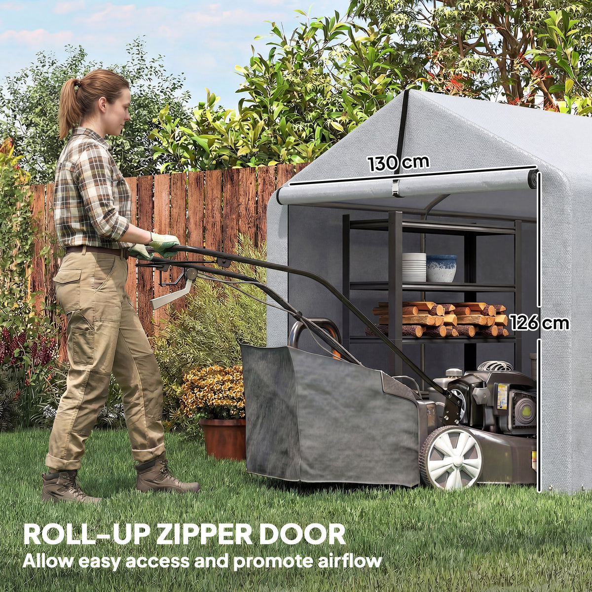 Waterproof garden shed with roll-up zipper door, gray fabric exterior and steel frame