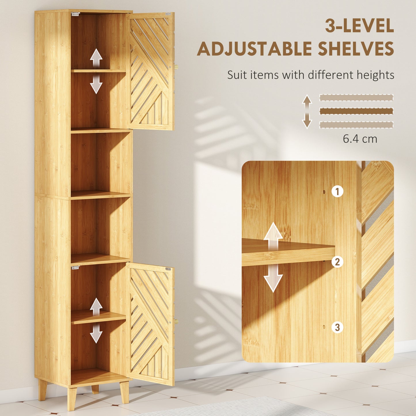 HOMCOM Tall Bamboo Door Bathroom Cabinet With Upper And Lower Cupboards And Adjustable Shelves Natural Finish