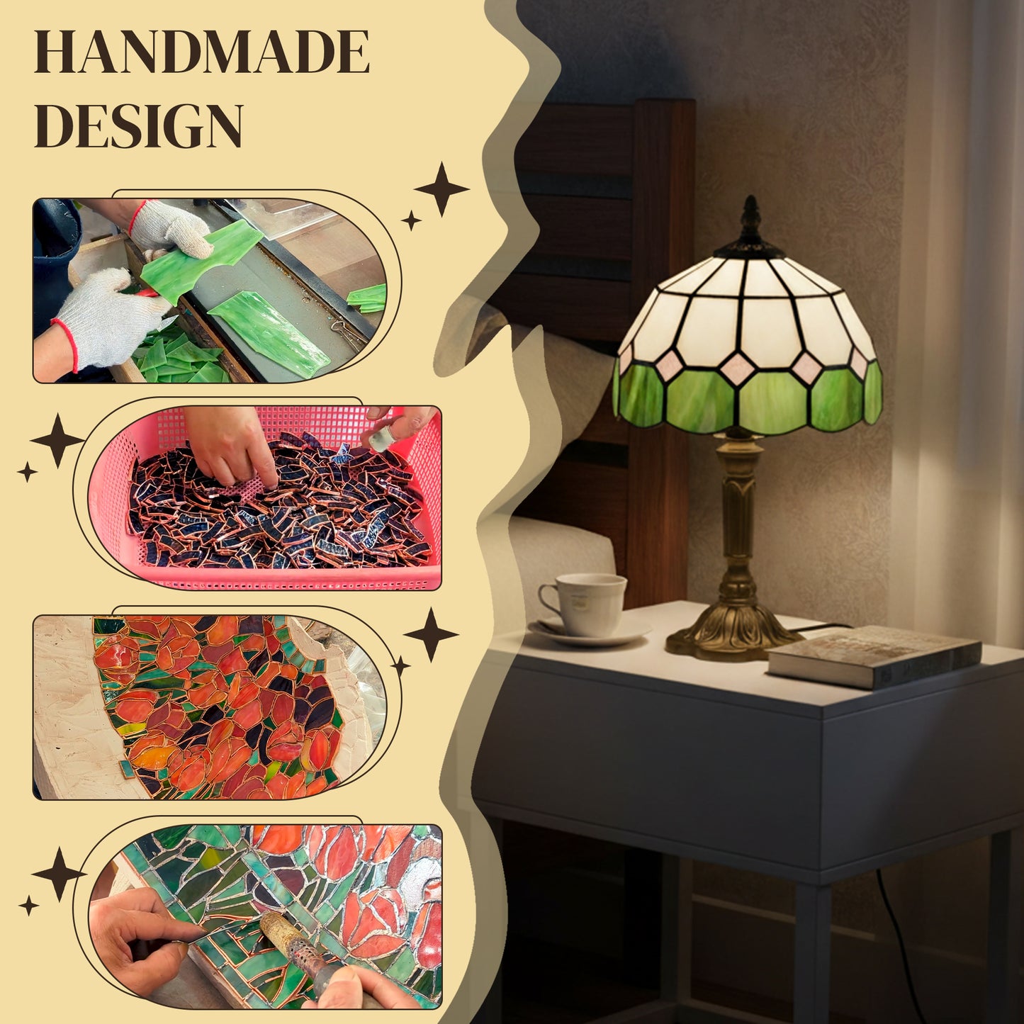 HOMCOM Handmade Art Deco Glass Table Lamp White And Green Stained Glass Shade Design