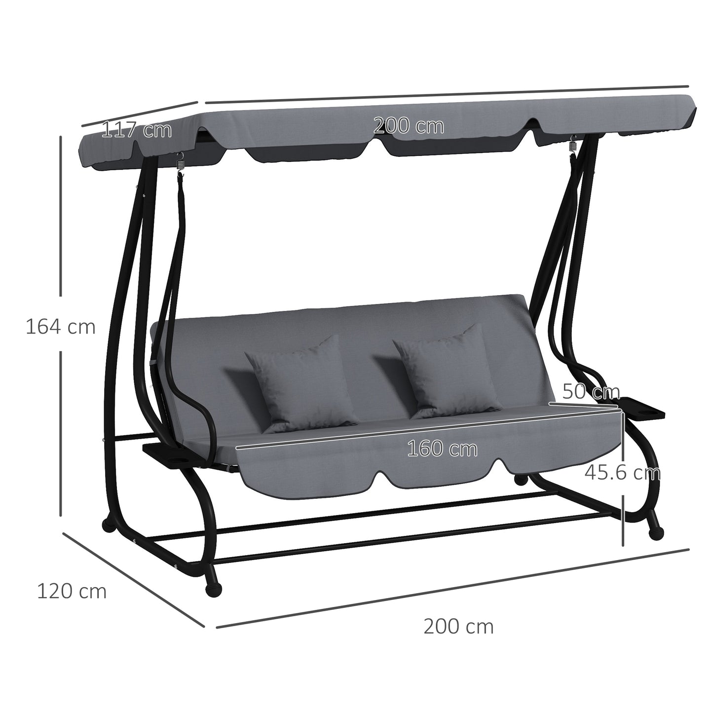 Outsunny Three Person Garden Swing Chair With Adjustable Canopy And Convertible Bed Light Brown