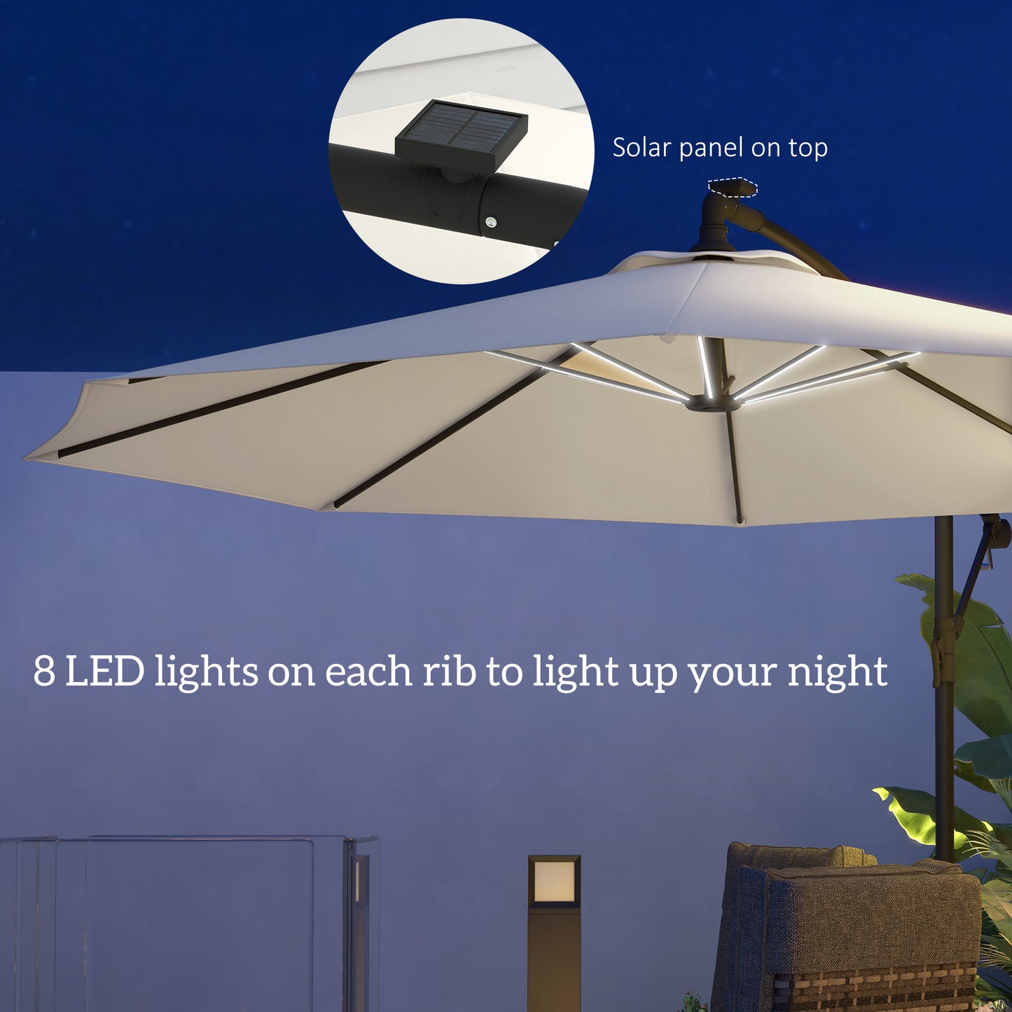 Outsunny 3m Cantilever Umbrella with Solar-Powered LED Lights and Crank Handle for Garden Shade - ALL4U RETAILER LTD