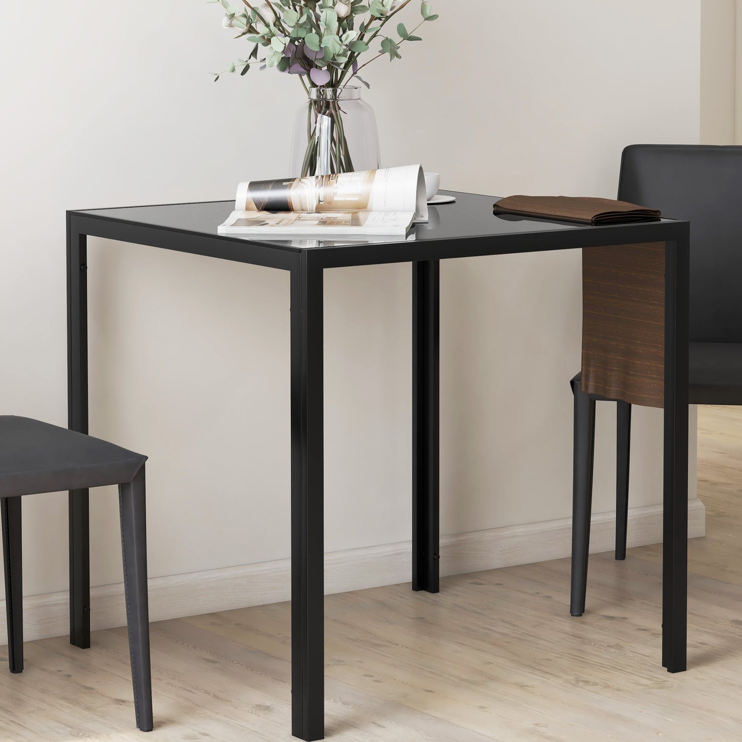 HOMCOM Modern Square Dining Table for Two to Four People with Glass Top and Metal Legs Black