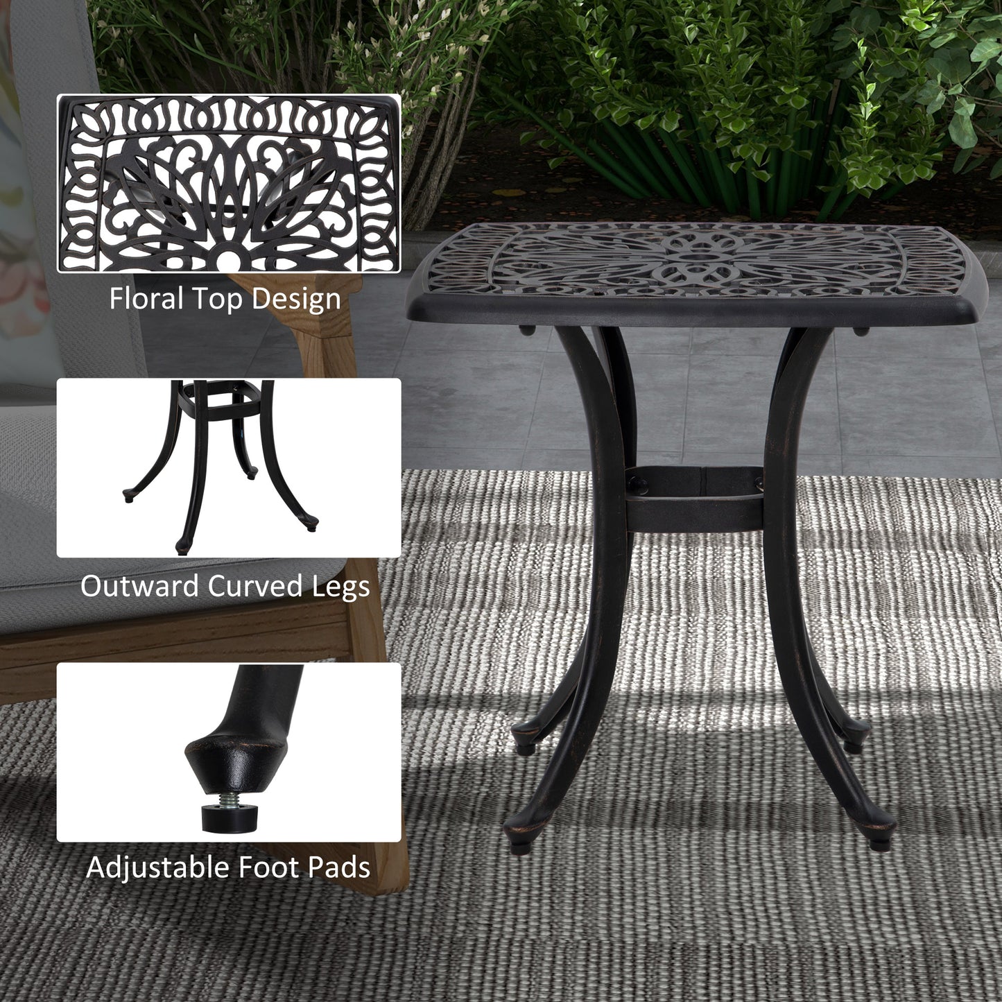 Outsunny Cast Aluminium Bistro Table Outdoor Square Side Table With Umbrella Hole Garden Table For Balcony Bronze Tone