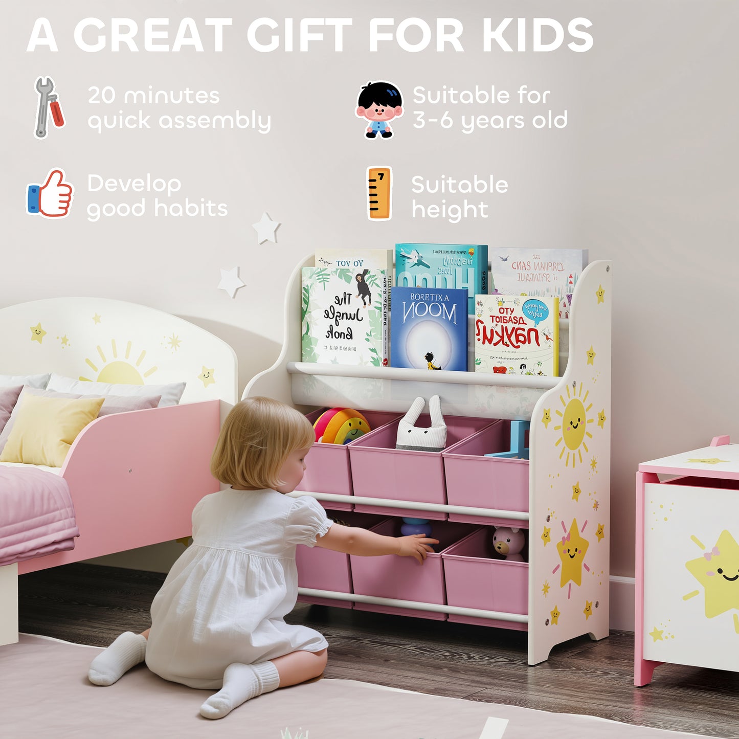 AIYAPLAY Kids Storage Unit Toy Organizer With Six Fabric Drawers And Two Tier Sling Book Rack Pink