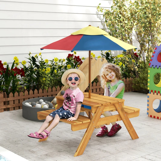 Outsunny Kids Picnic Table Set w/ Sand and Water, Removable Parasol - Brown - ALL4U RETAILER LTD