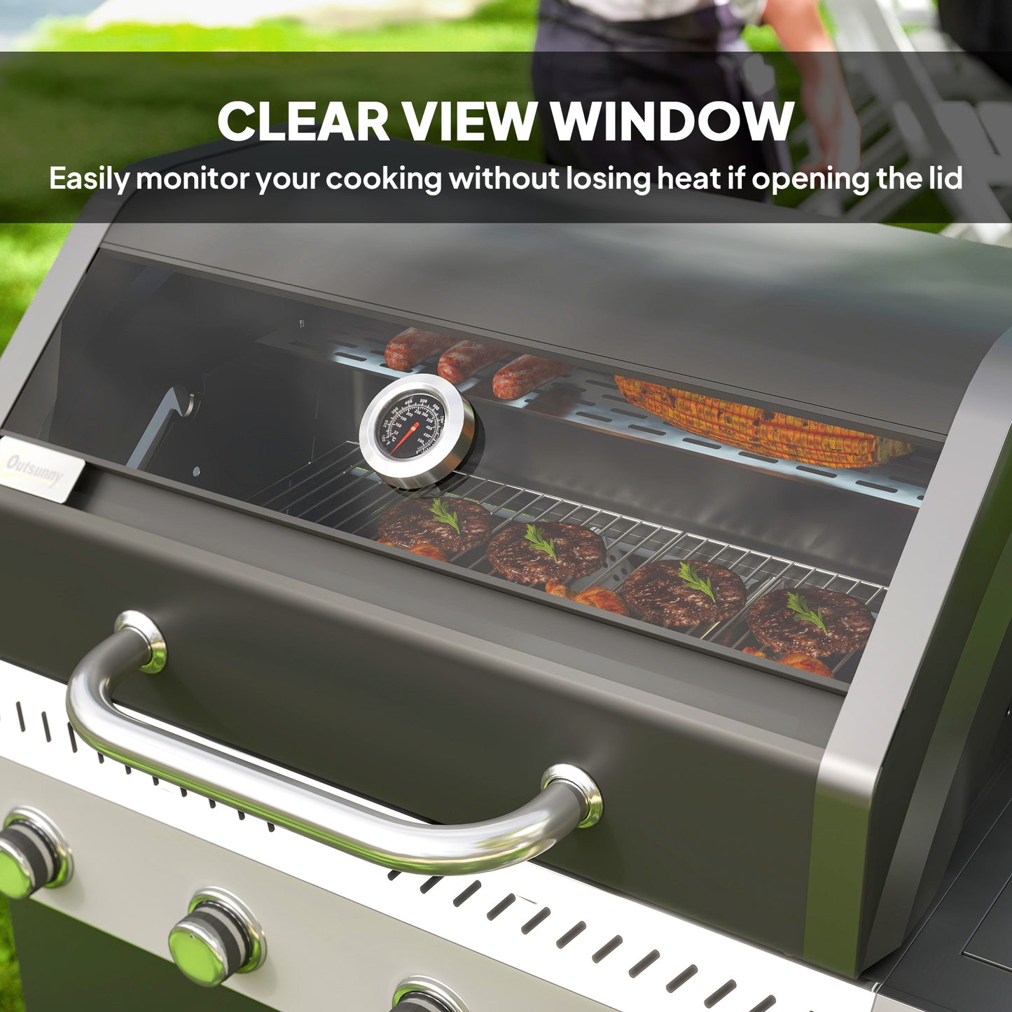 Outsunny 4 Plus 1 Burner Gas BBQ Grill With Clear View Lid Barbecue Grill Builtin Thermometer Side Table Cabinet Wheels