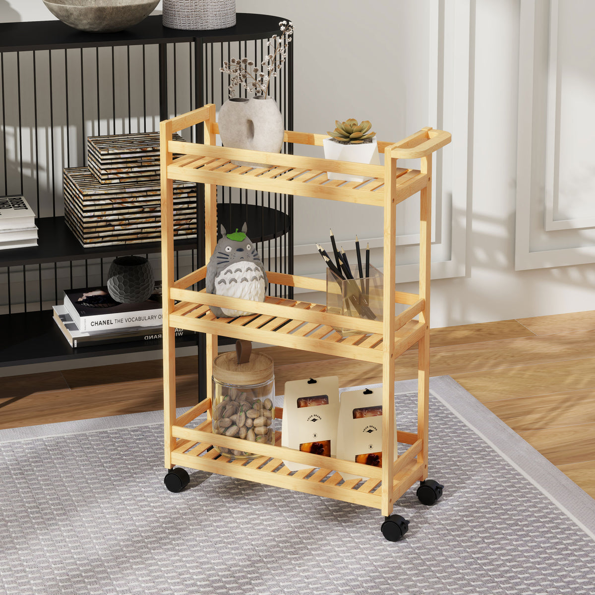 Bamboo 3-tier storage trolley with slatted shelves, guard rails, and wheels
