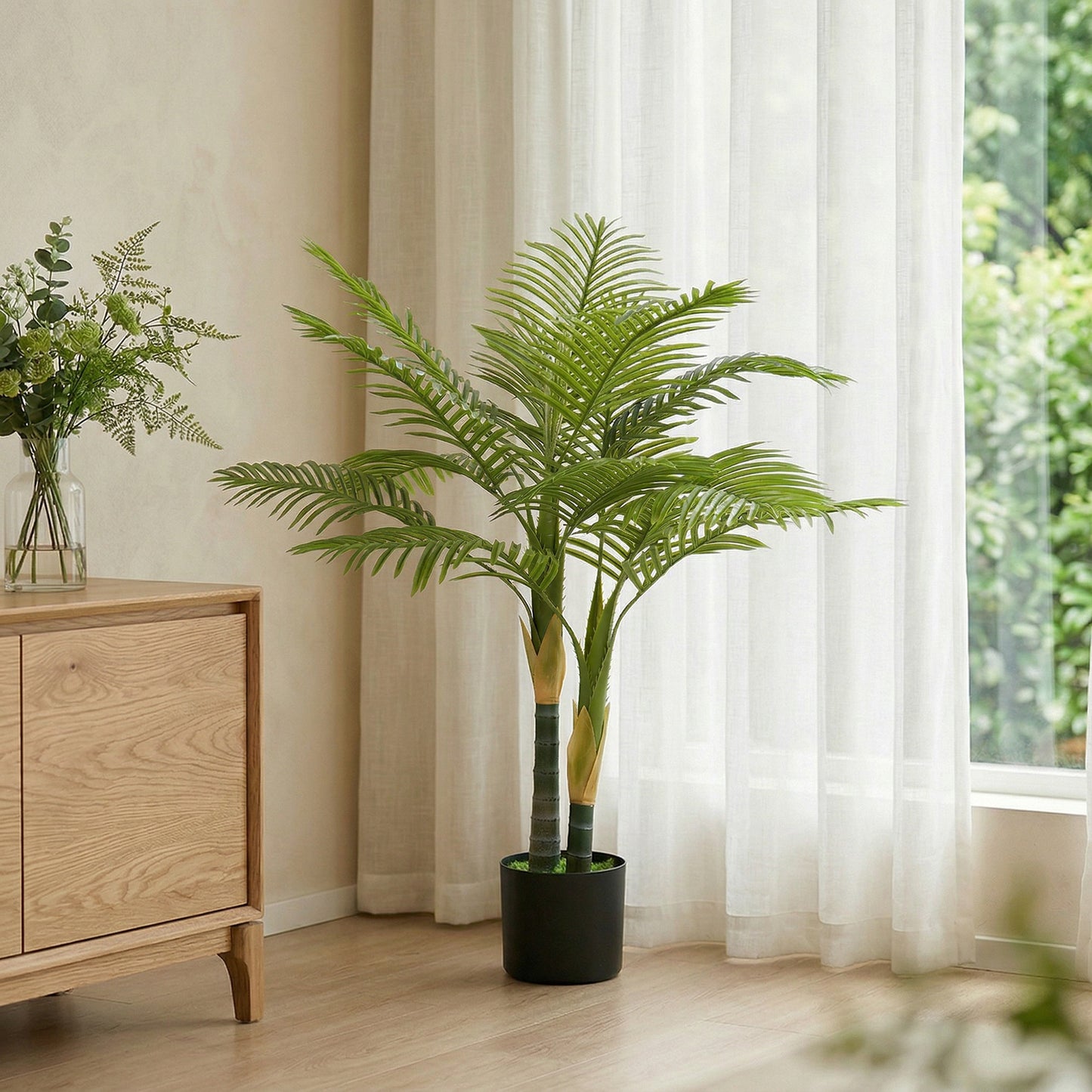 HOMCOM 120cm Artificial Palm Tree With 14 PEVA Leaves In Pot Decorative Plant With Moss Effect Green