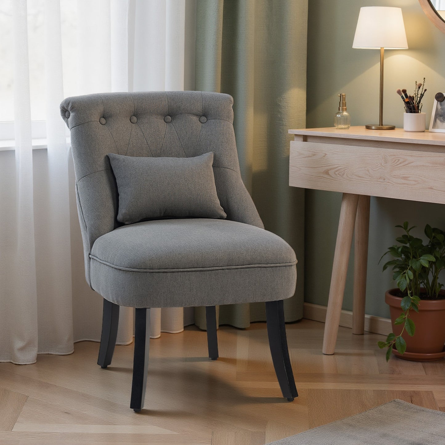 HOMCOM Fabric Upholstered Tub Chair With Pillow Solid Wood Legs Charcoal Grey Living Room Accent Chair