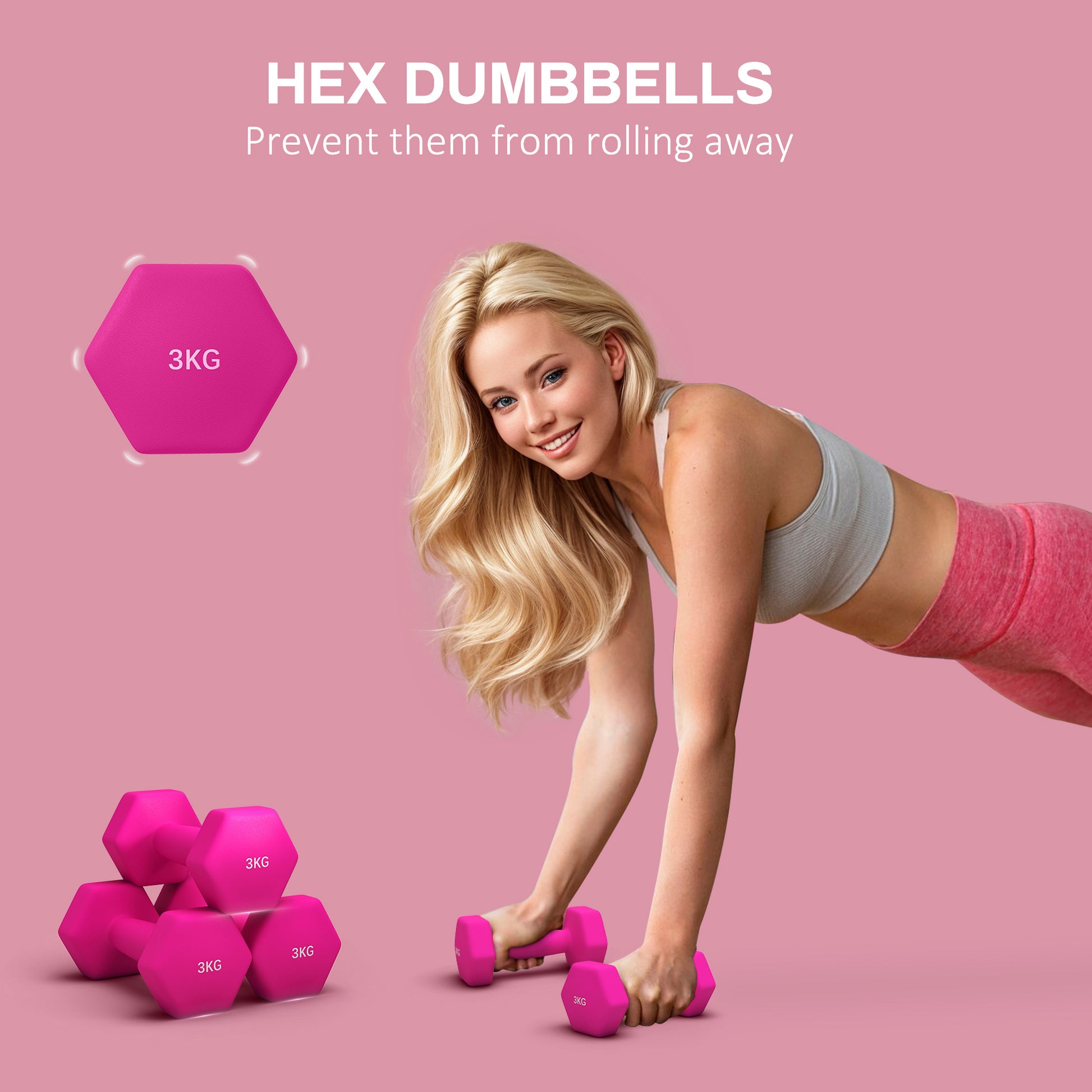 Colorful Hex Dumbbell Set for Home Gym - 6 Weights (2 x 3kg, 2 x 4kg, 2 x 5kg) with Non-Slip Grip - Pink, Purple, Green by SPORTNOW - ALL4U RETAILER LTD