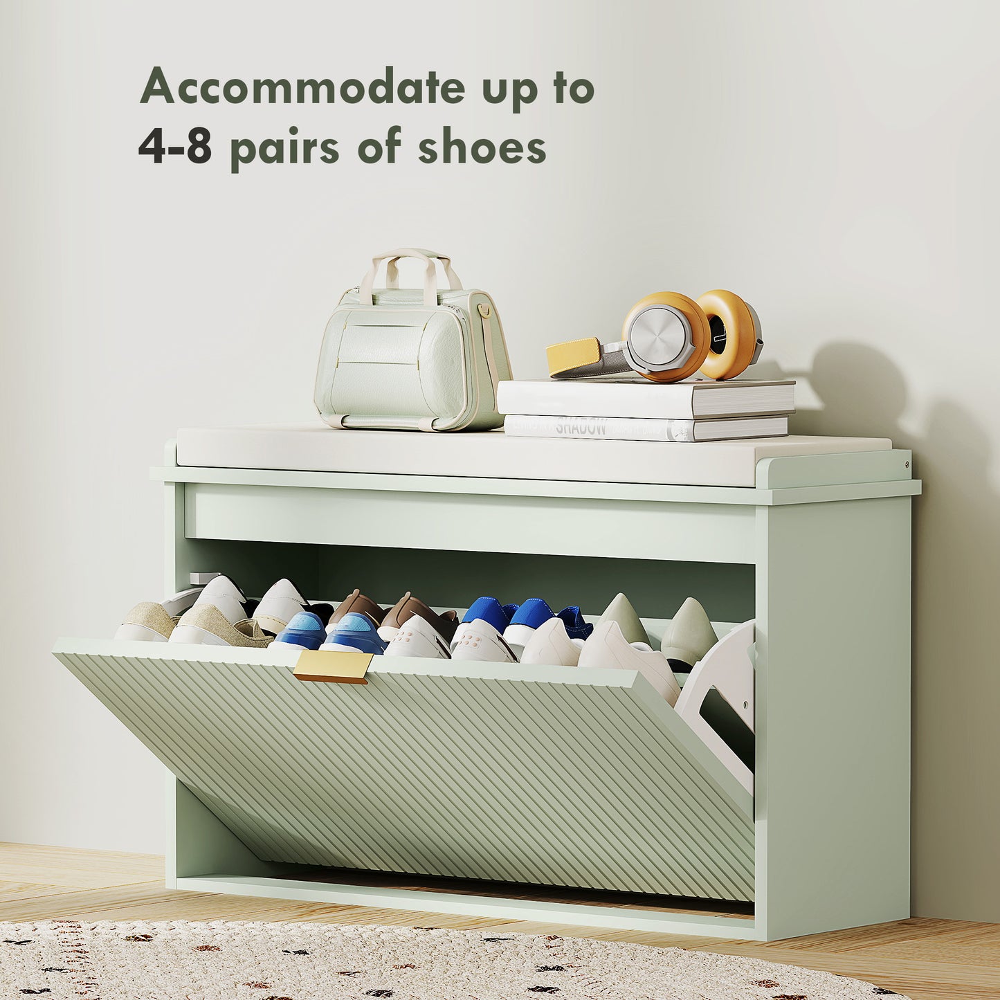HOMCOM Elegant Eight Shoe Bench With Top Seat Green Linen Look Cushion Flip Drawer For Storage
