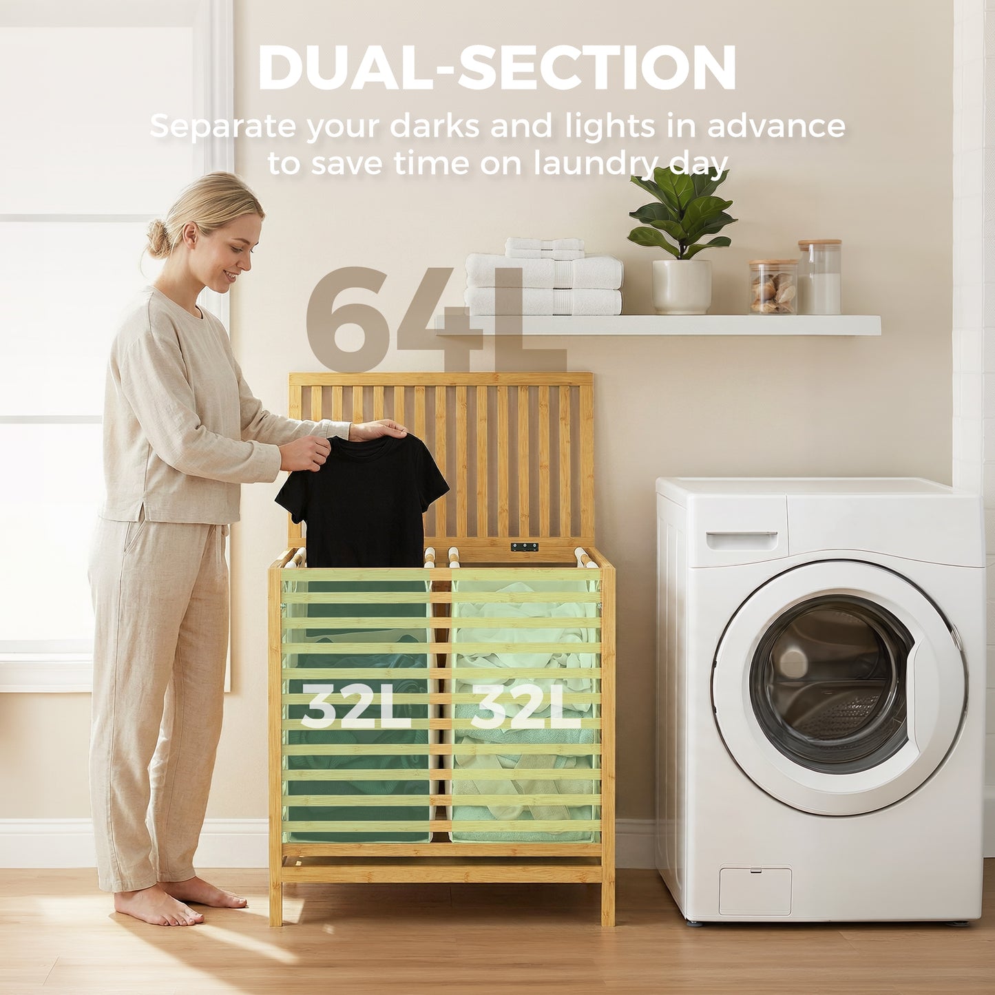 HOMCOM Bamboo Laundry Basket With Lid Two Baskets Foldable 64L Two 32L Bags Natural Cream White