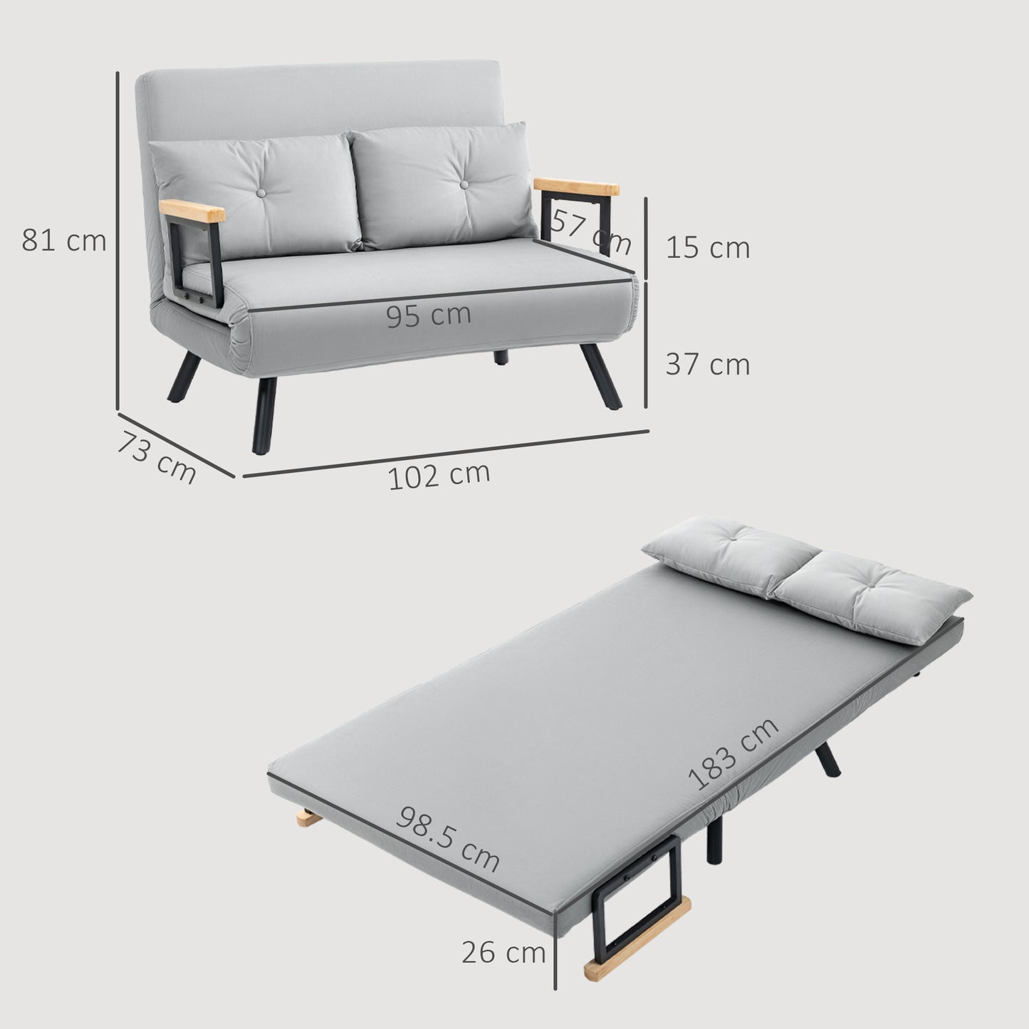 HOMCOM 4 in 1 Velvet Feel Double Sofa Bed With Pillows In Light Grey Steel Frame Five Position Back Thick Foam Padding