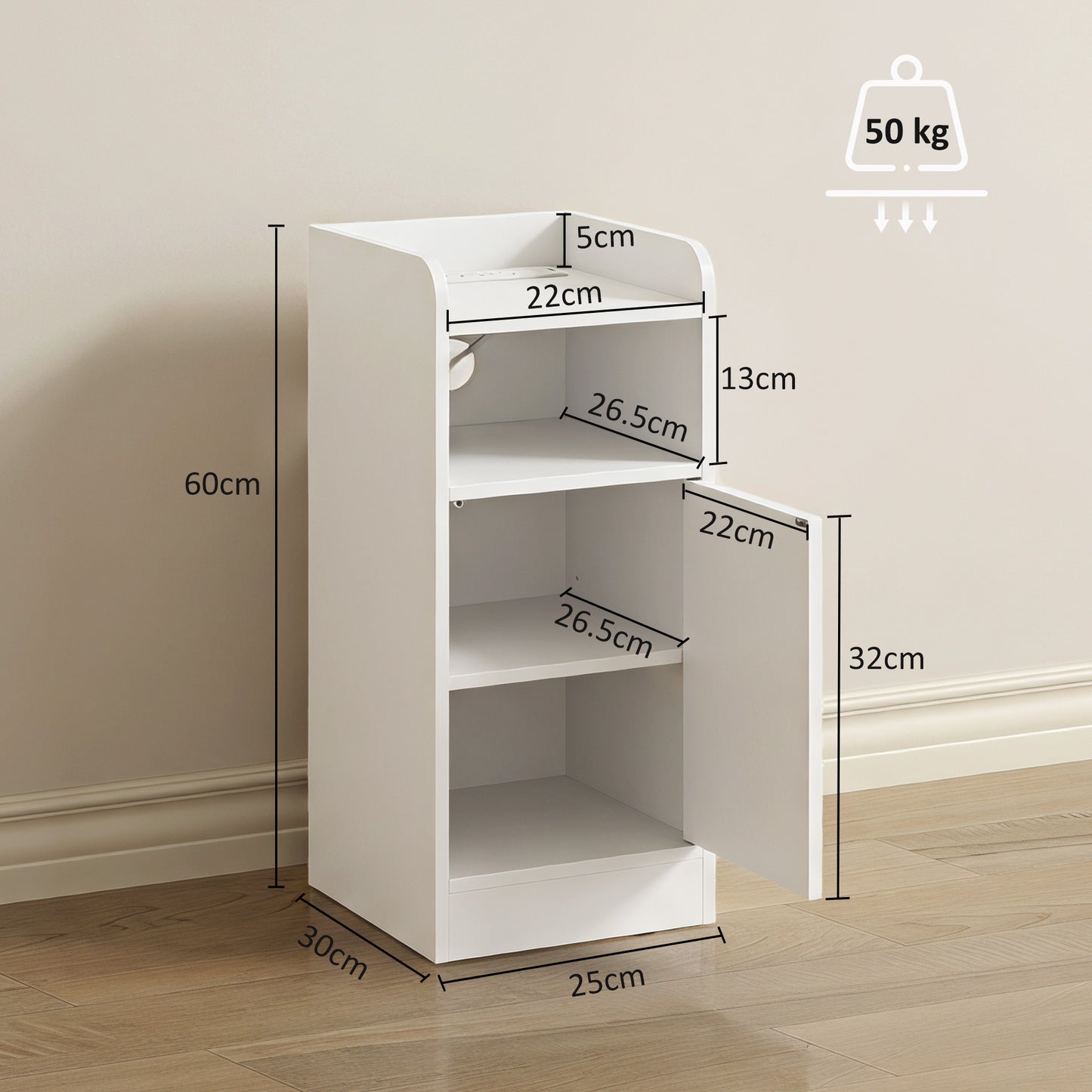 HOMCOM Set Of 2 Slim White Bedside Tables With USB Charging Station And Adjustable Shelf