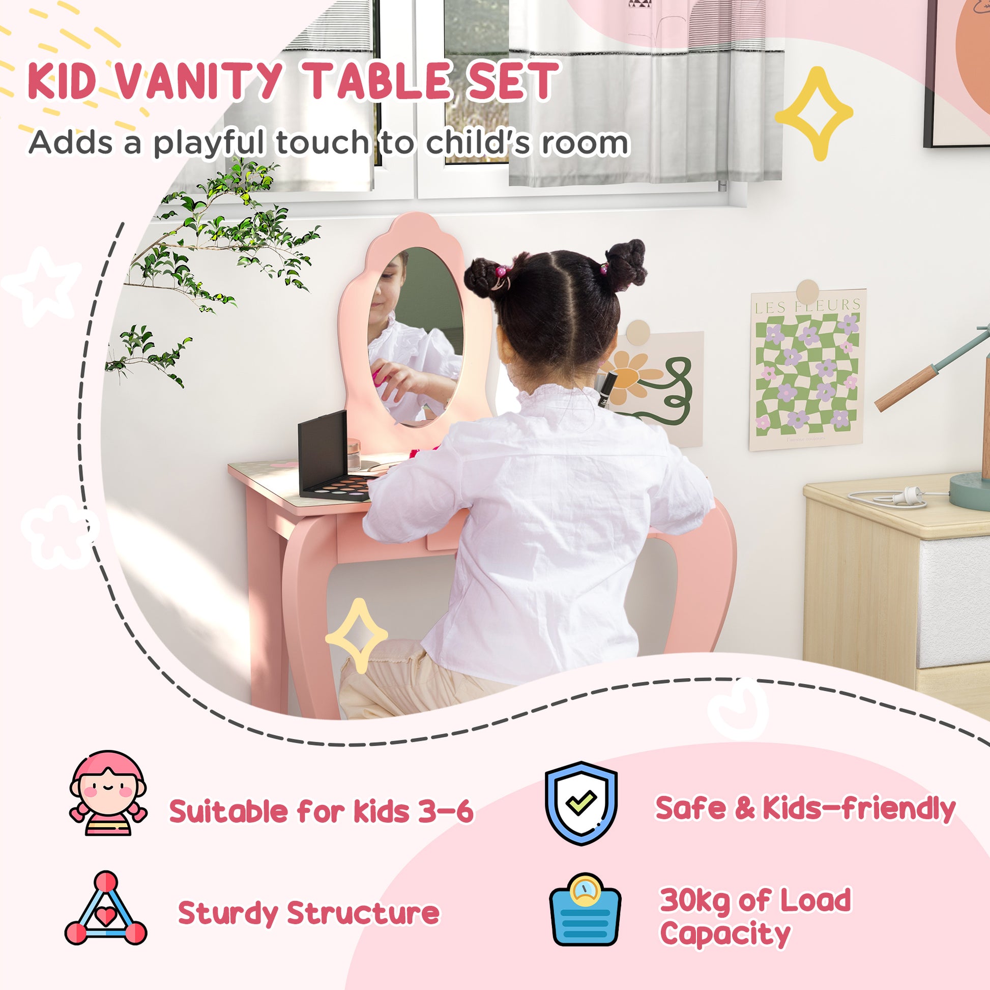 ZONEKIZ Kids Bedroom Furniture Set with Bed, Dressing Table, and Toy Chest for Ages 3-6 - Pink - ALL4U RETAILER LTD