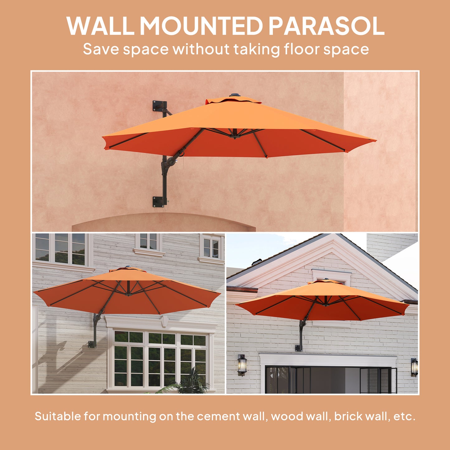 Outsunny 3M Wall Mounted Parasol Shade With Handle Orange Outdoor Garden Patio Canopy