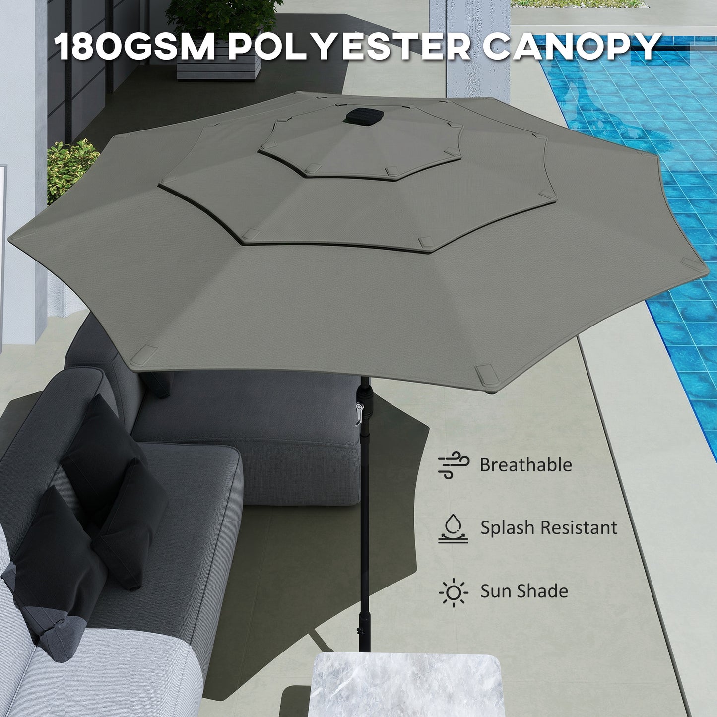 Outsunny Garden Parasol 3 Tier Roof Tilt Function Crank Handle Grey Polyester Canopy