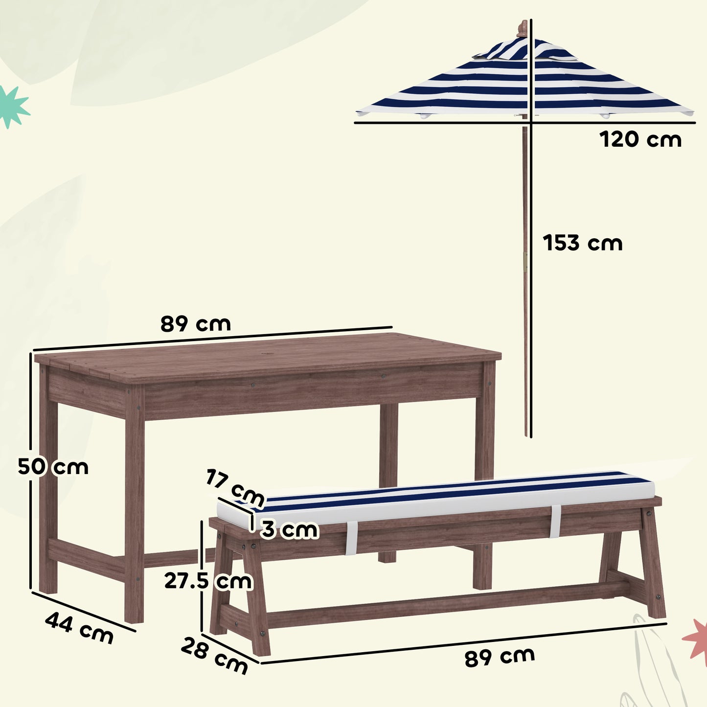 AIYAPLAY Outdoor Wooden Kids Picnic Table Bench Set With Cushions And Umbrella Navy Blue For Patio Garden Seats Four