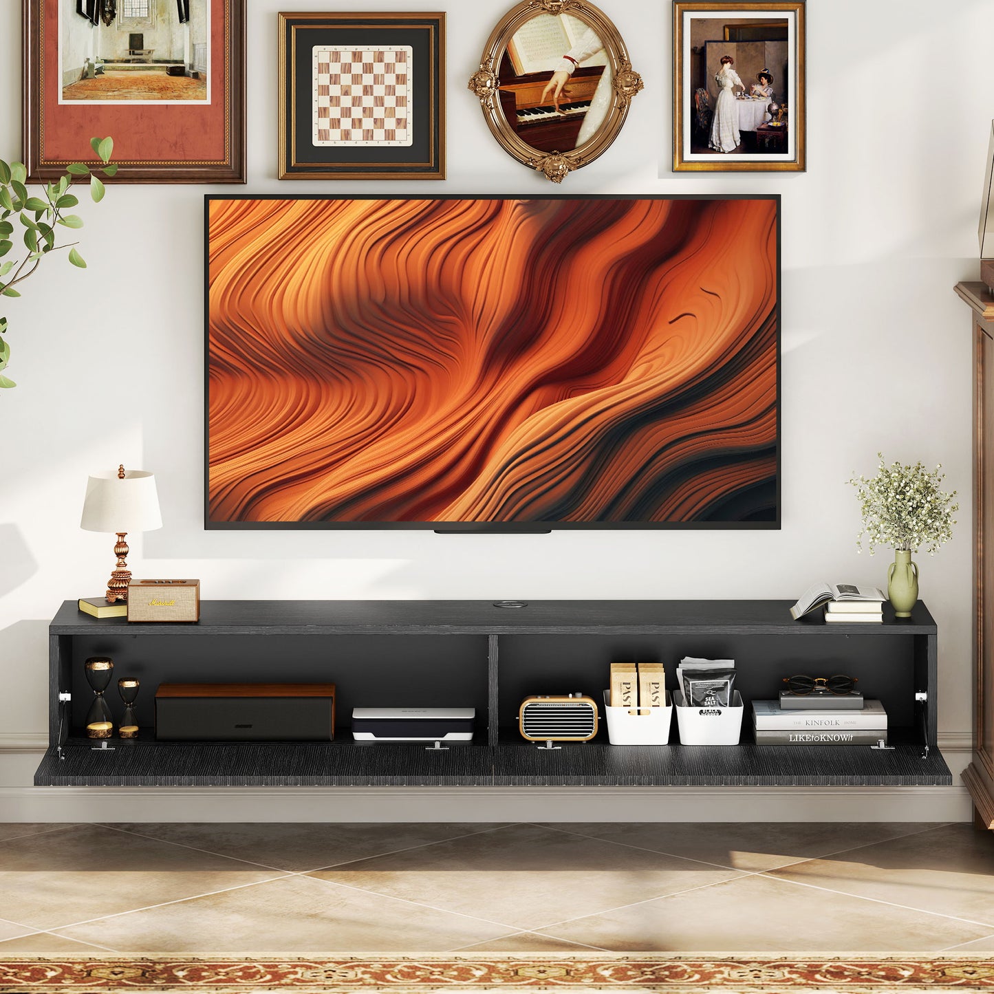 HOMCOM 140cm Floating Wall Mount TV Stand In Black With Cable Management Hole Fits Up To 72 Inch TV