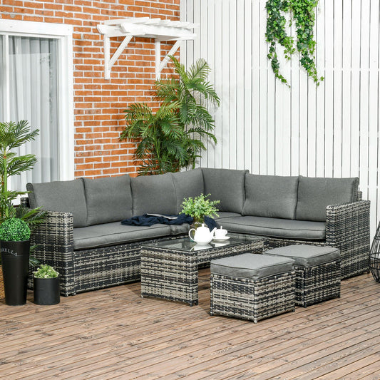 Outsunny 6pcs Garden Furniture Sofa Set, Rattan 3 Armchairs 2 Footstools Table - ALL4U RETAILER LTD