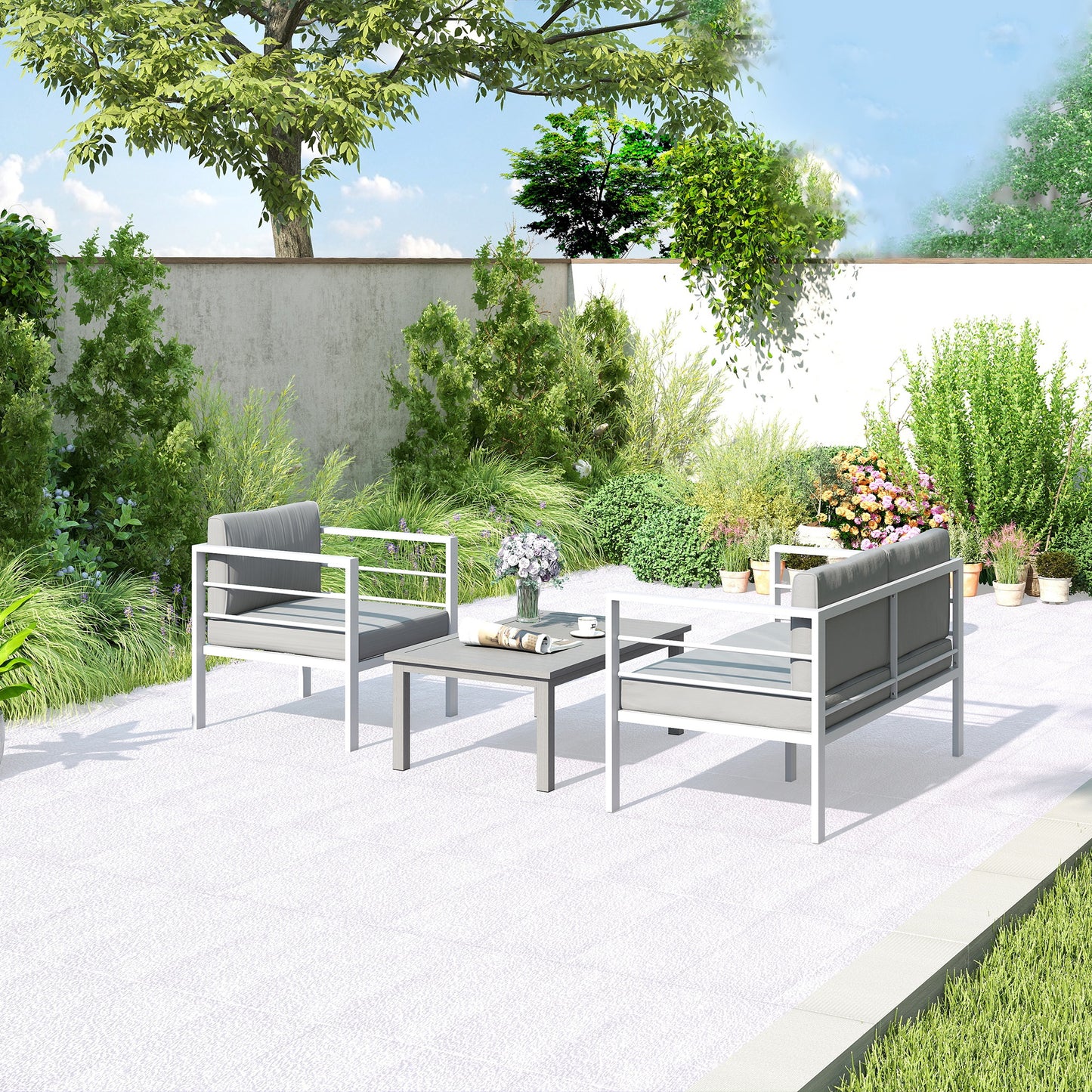 Outsunny 4 Piece Garden Furniture Set Aluminium 4 Seater Sofa with 2 Armchairs Loveseat Coffee Table Charcoal Grey