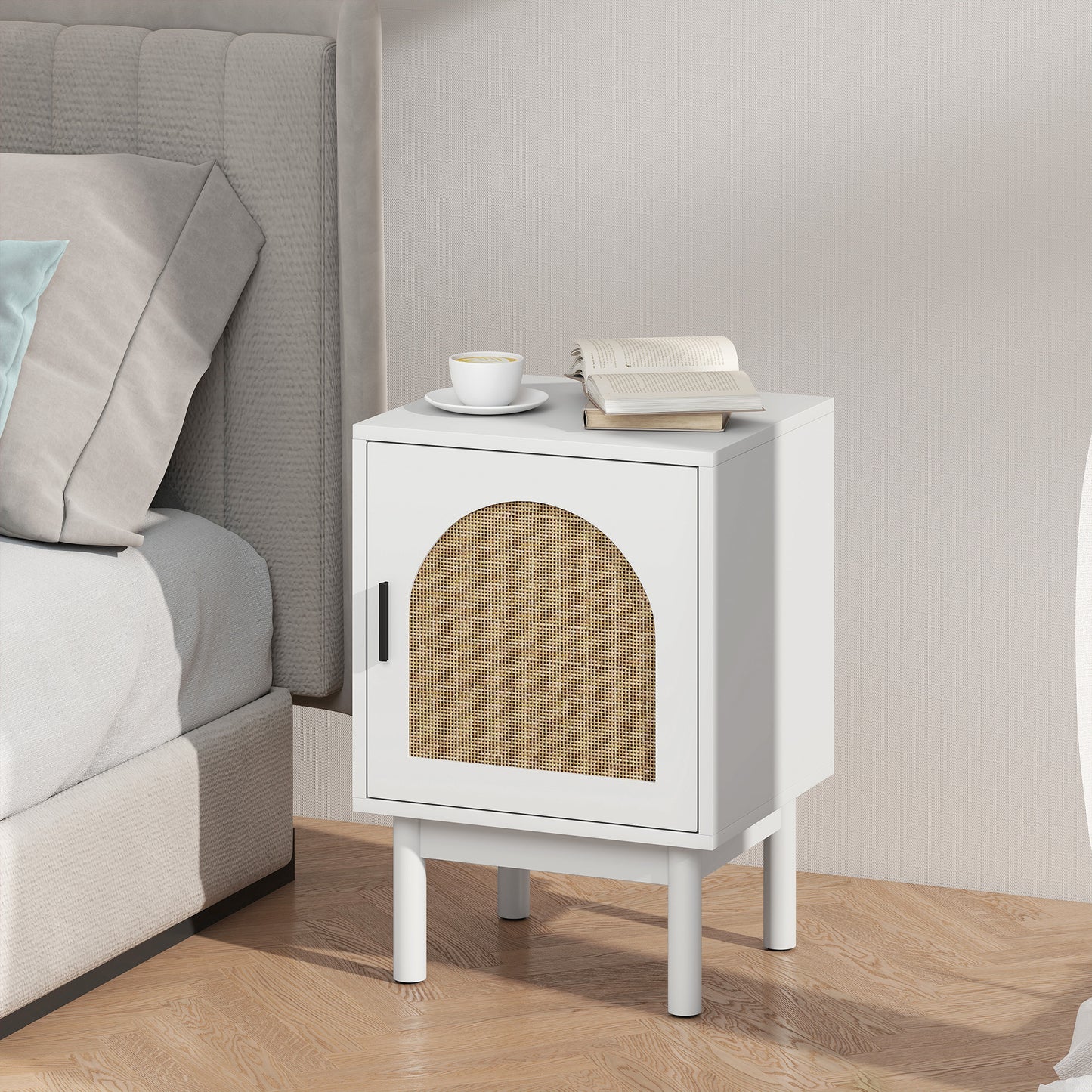 HOMCOM Rattan Bedside Table White Two Tier With Adjustable Shelves Arch Door Non Slip Wood Legs