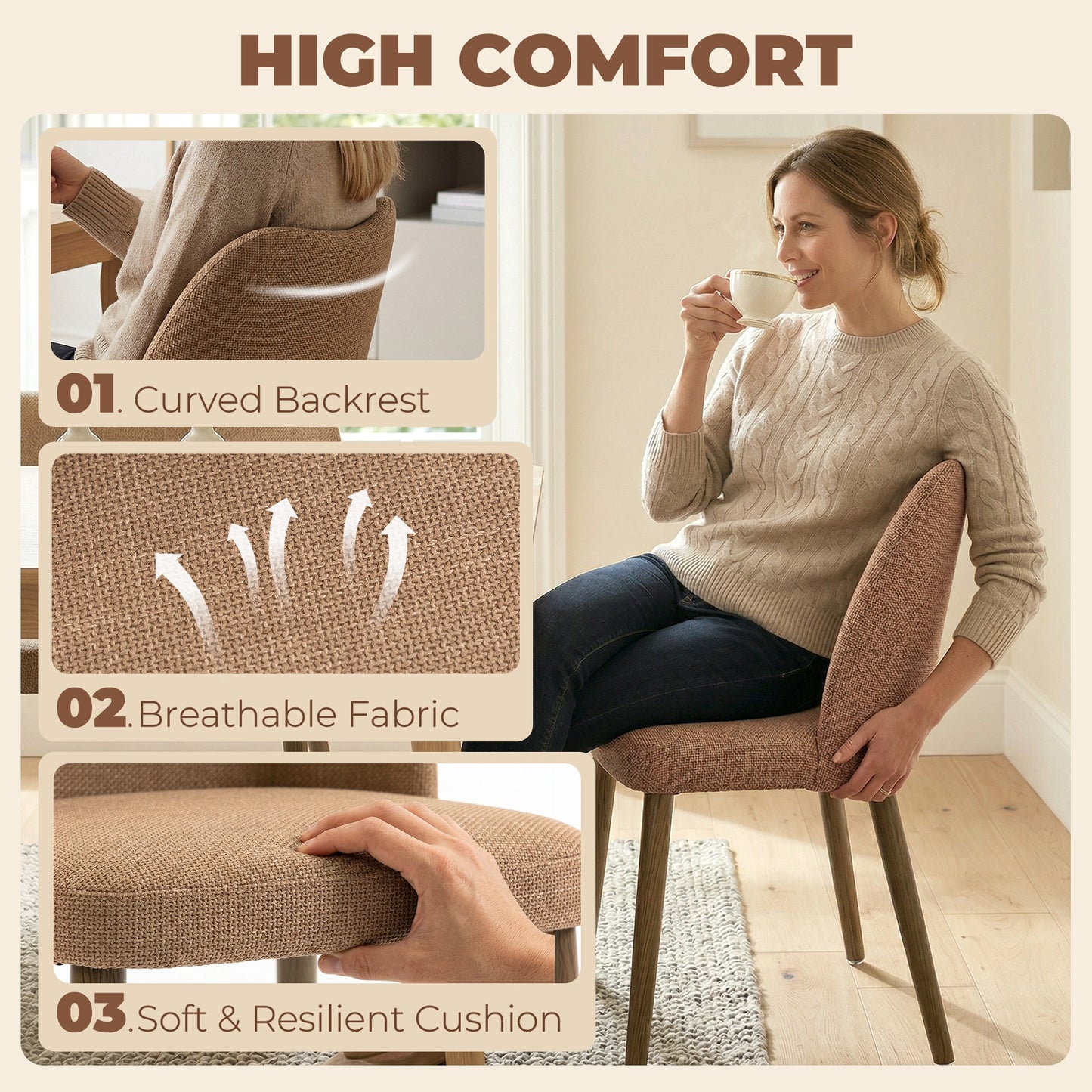 HOMCOM Dining Chairs Set of 2 Linen Upholstered Kitchen Chairs Padded Seat Curved Backrest Rubberwood Legs Brown