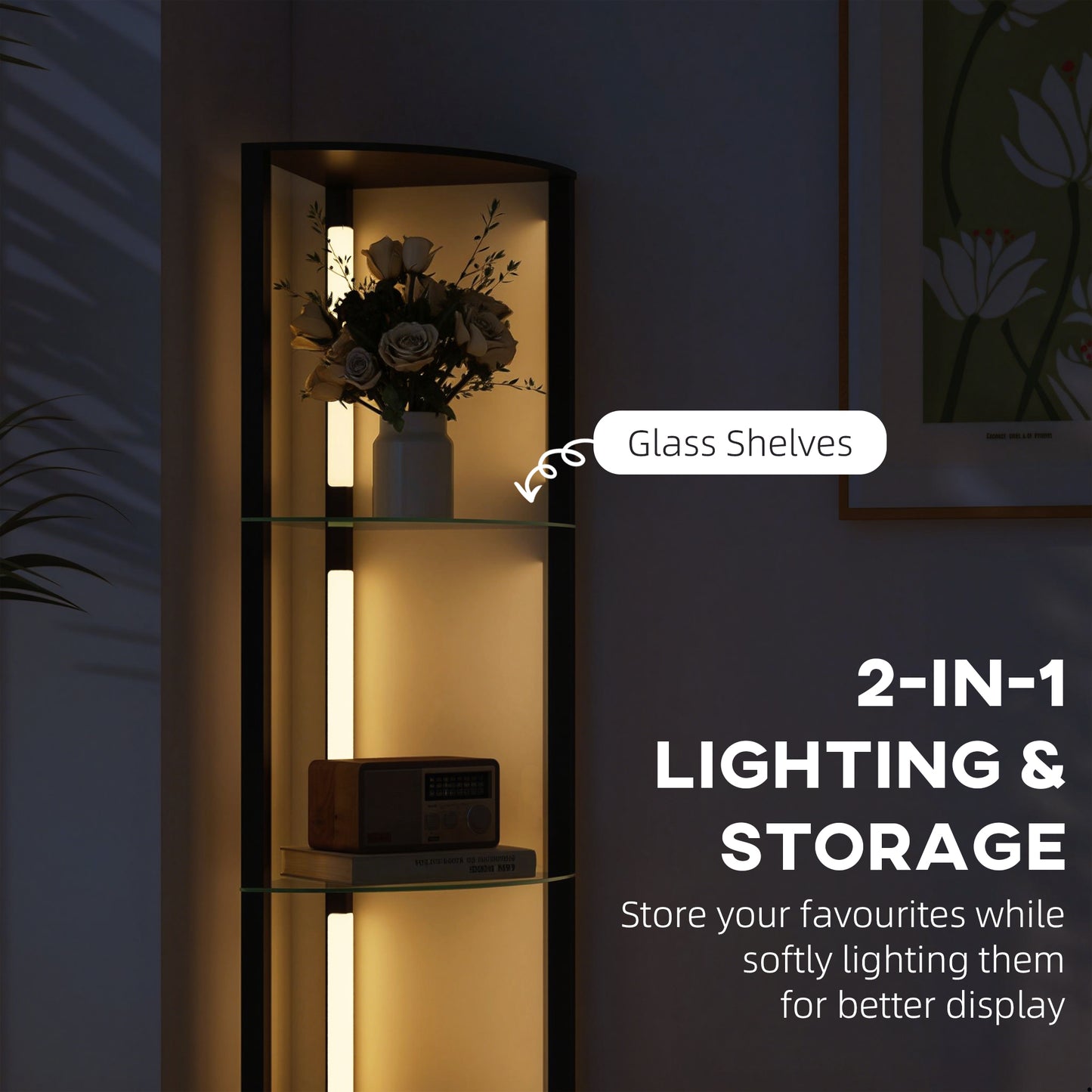 HOMCOM LED Floor Lamp With Shelves Five Tier Frosted Glass Dimmable Standing Lamp With Foot Switch Living Room Black