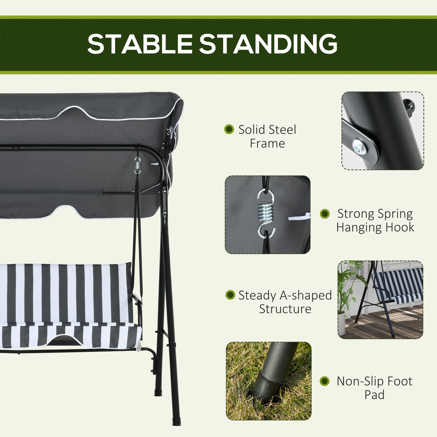 Outsunny 3 Seater Garden Swing Chair With Adjustable Canopy Metal Frame And Cushions In Grey