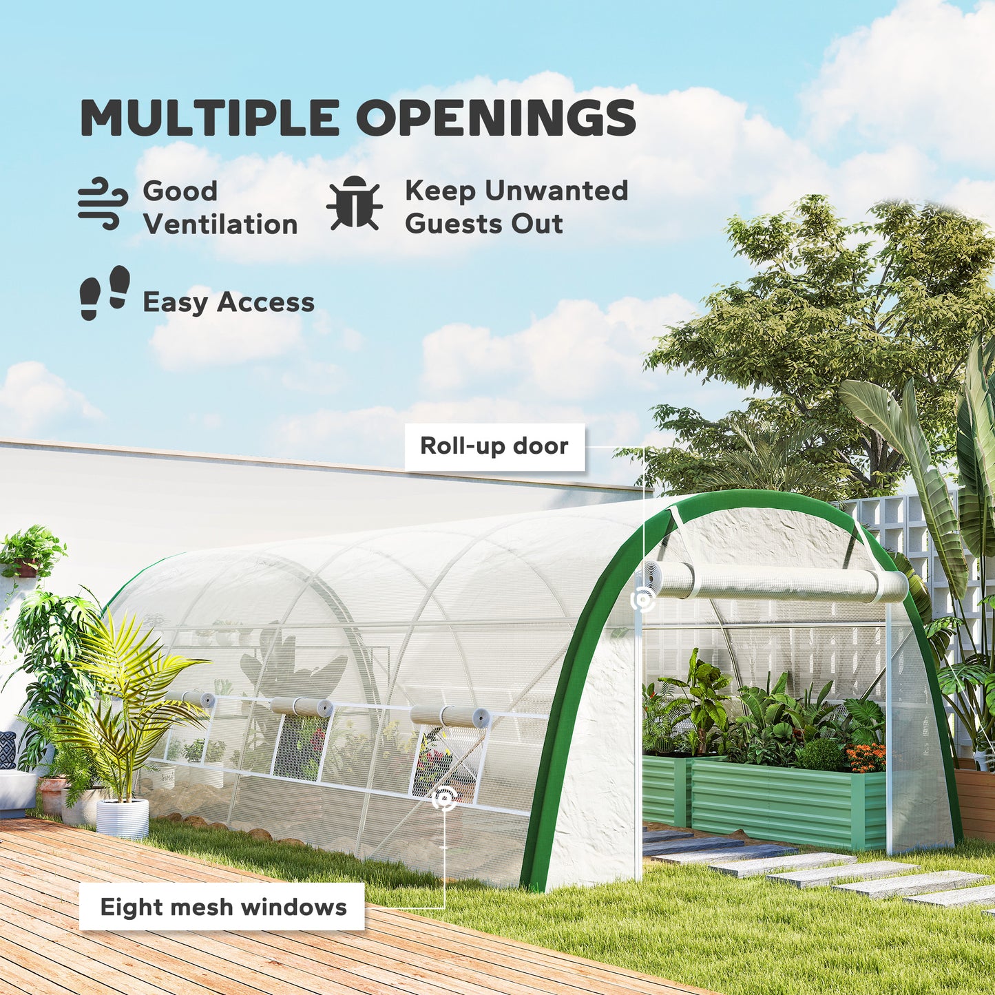 Outsunny Walk In Polytunnel Greenhouse 6 x 3 m With Zipped Doors 8 Mesh Windows PE Cover White