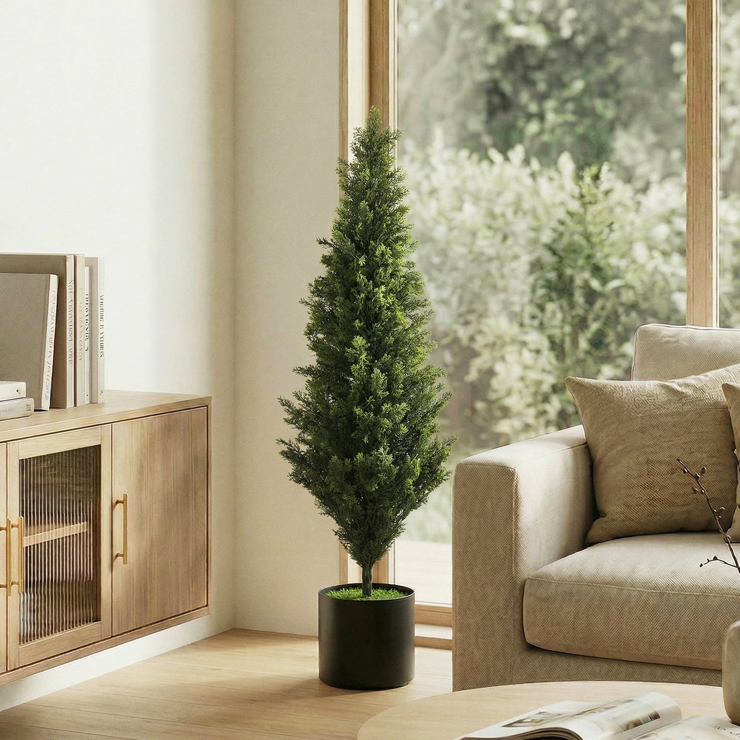 HOMCOM Set Of 2 Decorative Cypress Artificial Topiary Trees In Weighted Pots 120 Cm With 1092 Leaves