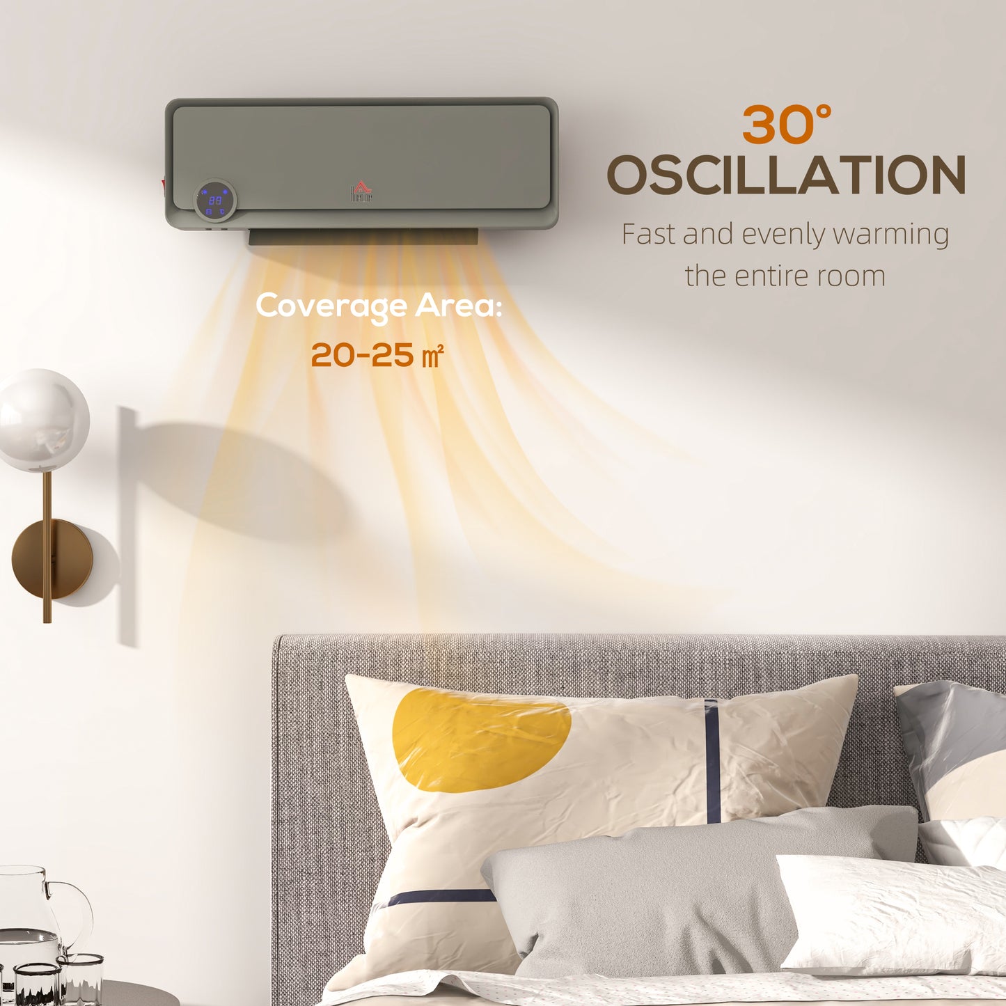 HOMCOM Wall Downflow Heater With Timer Remote Oscillating 1000W 2000W Electric Space Heater Grey