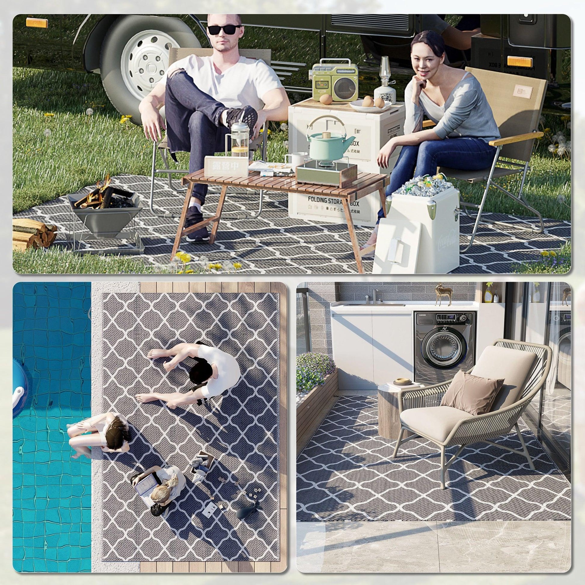 Outsunny Reversible Waterproof Outdoor Rug W/ Carry Bag, 182 x 274 cm, Grey - ALL4U RETAILER LTD