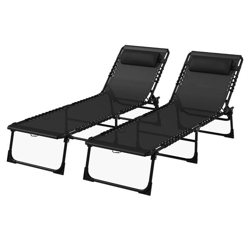 Outsunny 2 Pcs Folding Sun Lounger - Beach Chaise Chair Garden Cot Camping Recliner with 4 Position Adjustable - Black - ALL4U RETAILER LTD