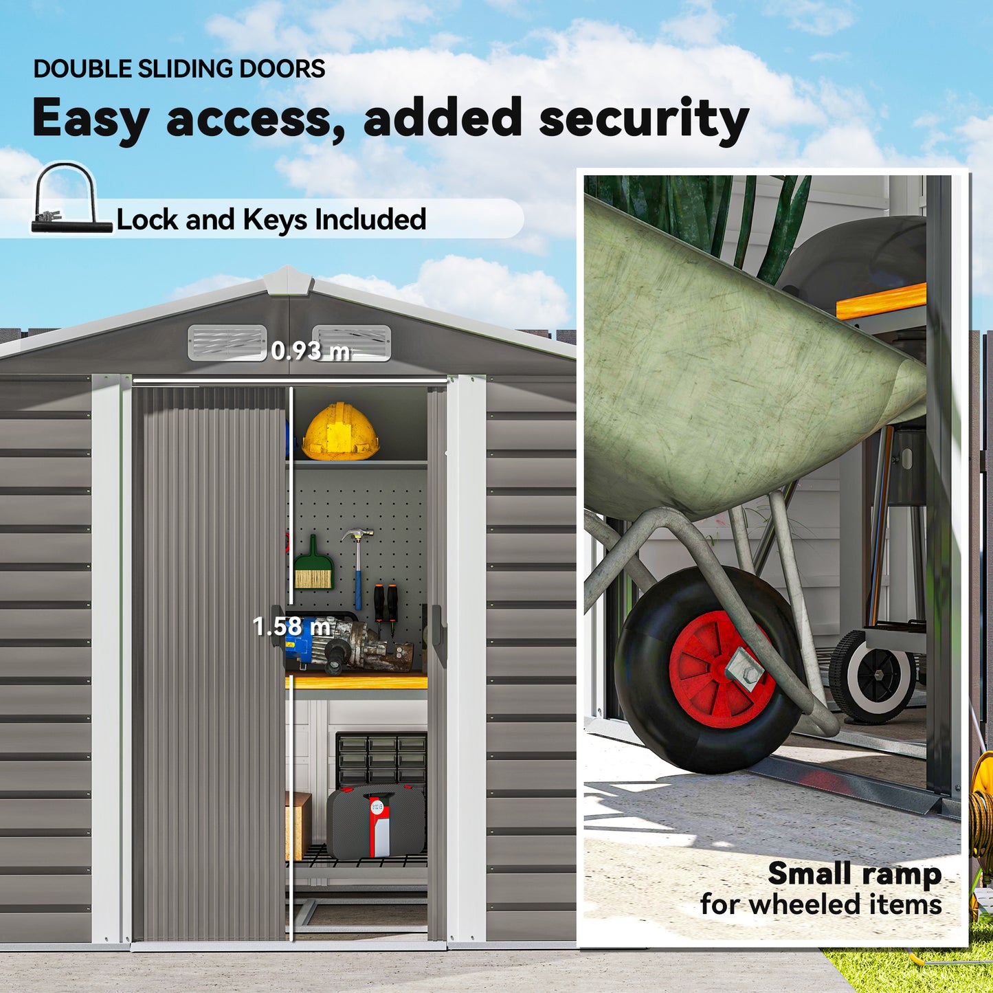 Outsunny 7 X 4ft Garden Shed Galvanised Steel Frame With Foundation Kit Easy Assembly Double Doors With Lock Light Grey