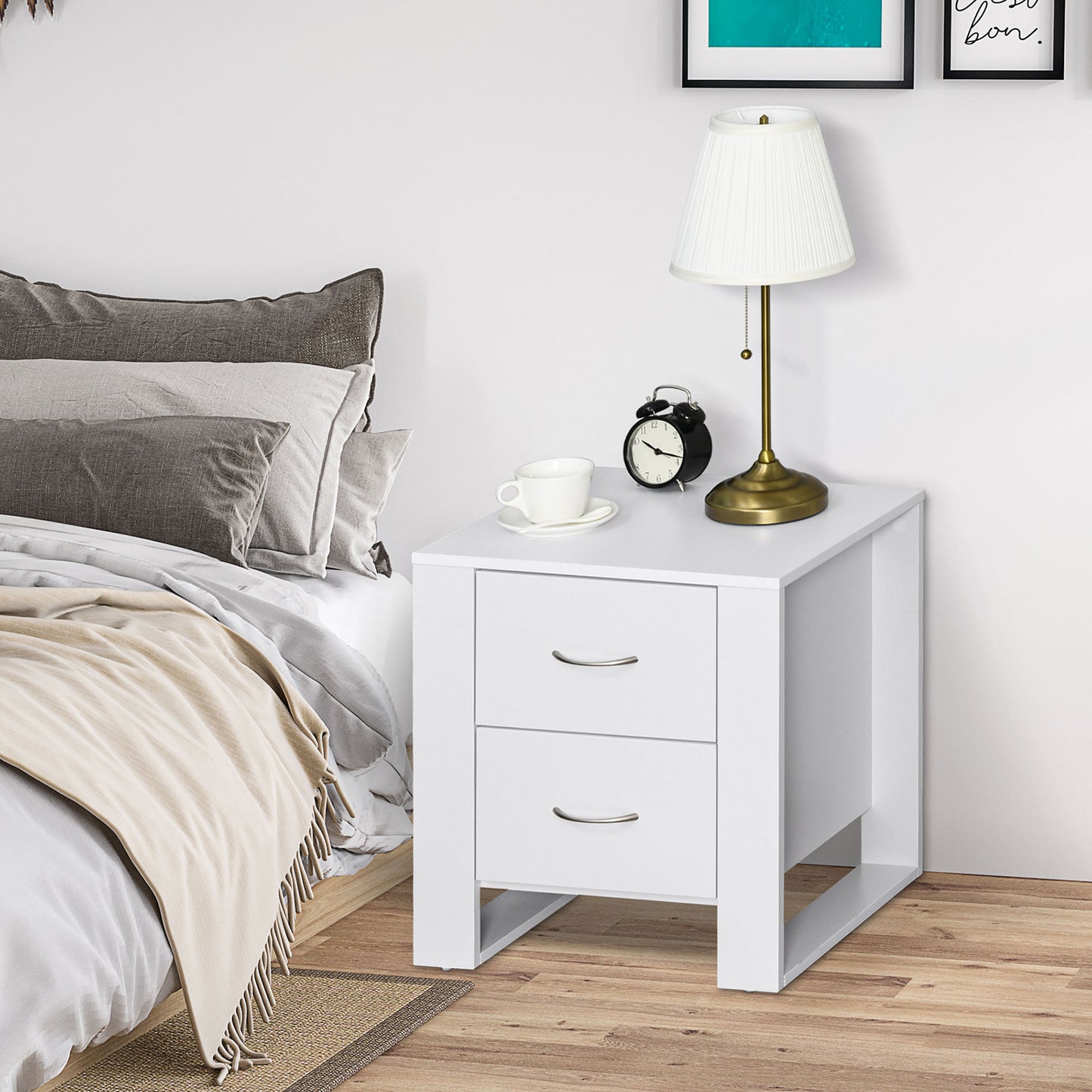 HOMCOM Bedside Table Set Of 2 With 2 Drawers And Handles Elevated Base White Melamine Finish