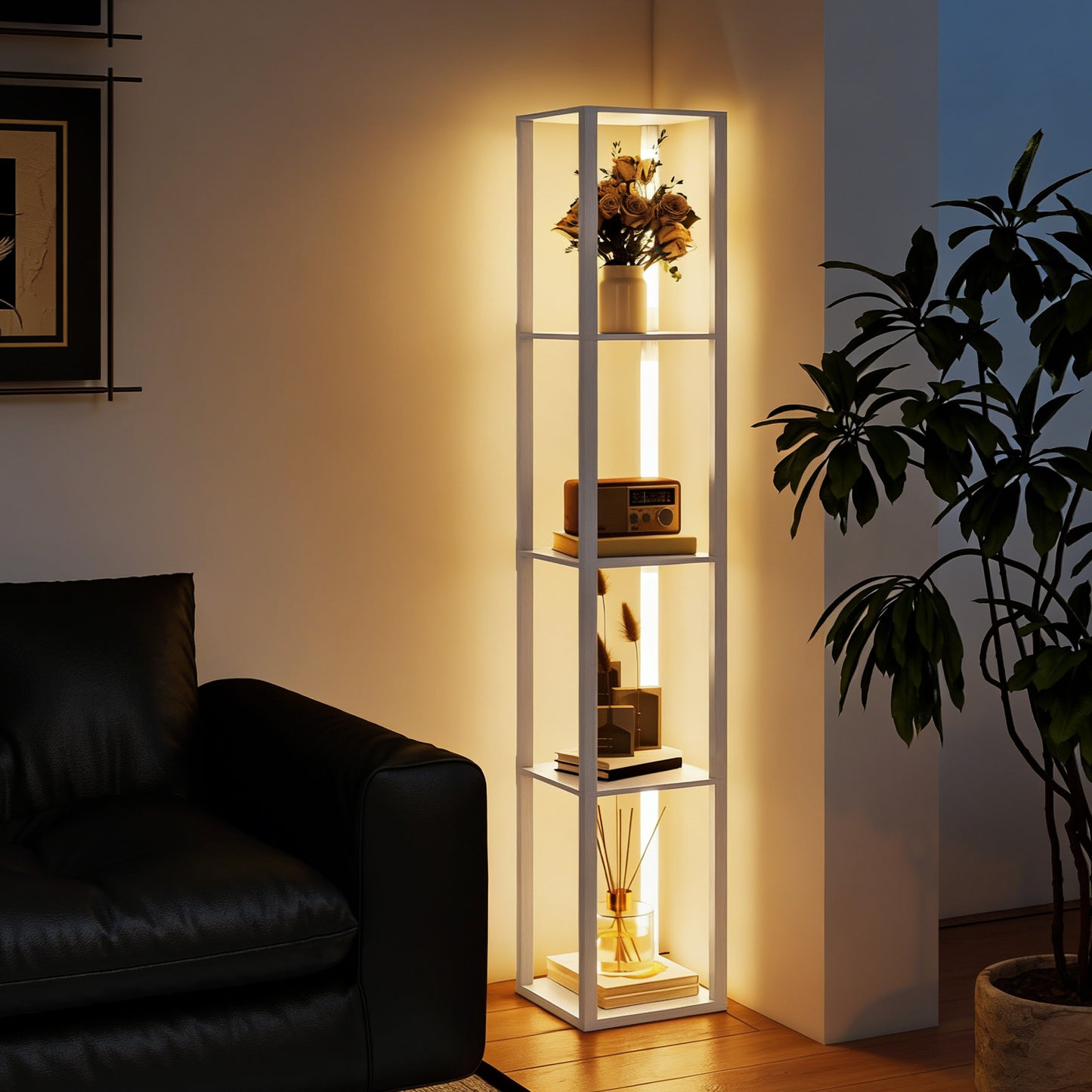 HOMCOM Floor Lamp With Shelves And Three Brightness Levels Warm White LED Light For Living Room