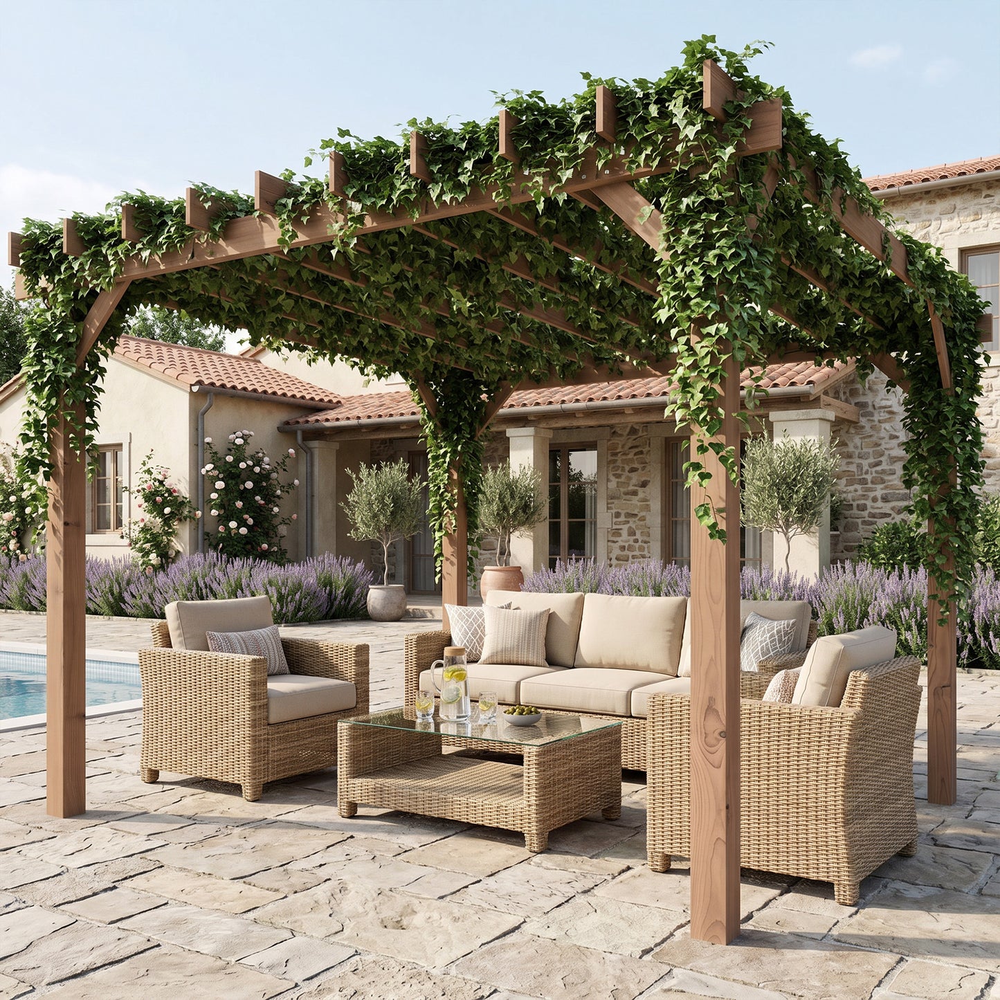 Outsunny 3 x 3 m Wooden Pergola Kit Garden Pergola Gazebo Grape Trellis With Triangle Supports Maple Wood Effect
