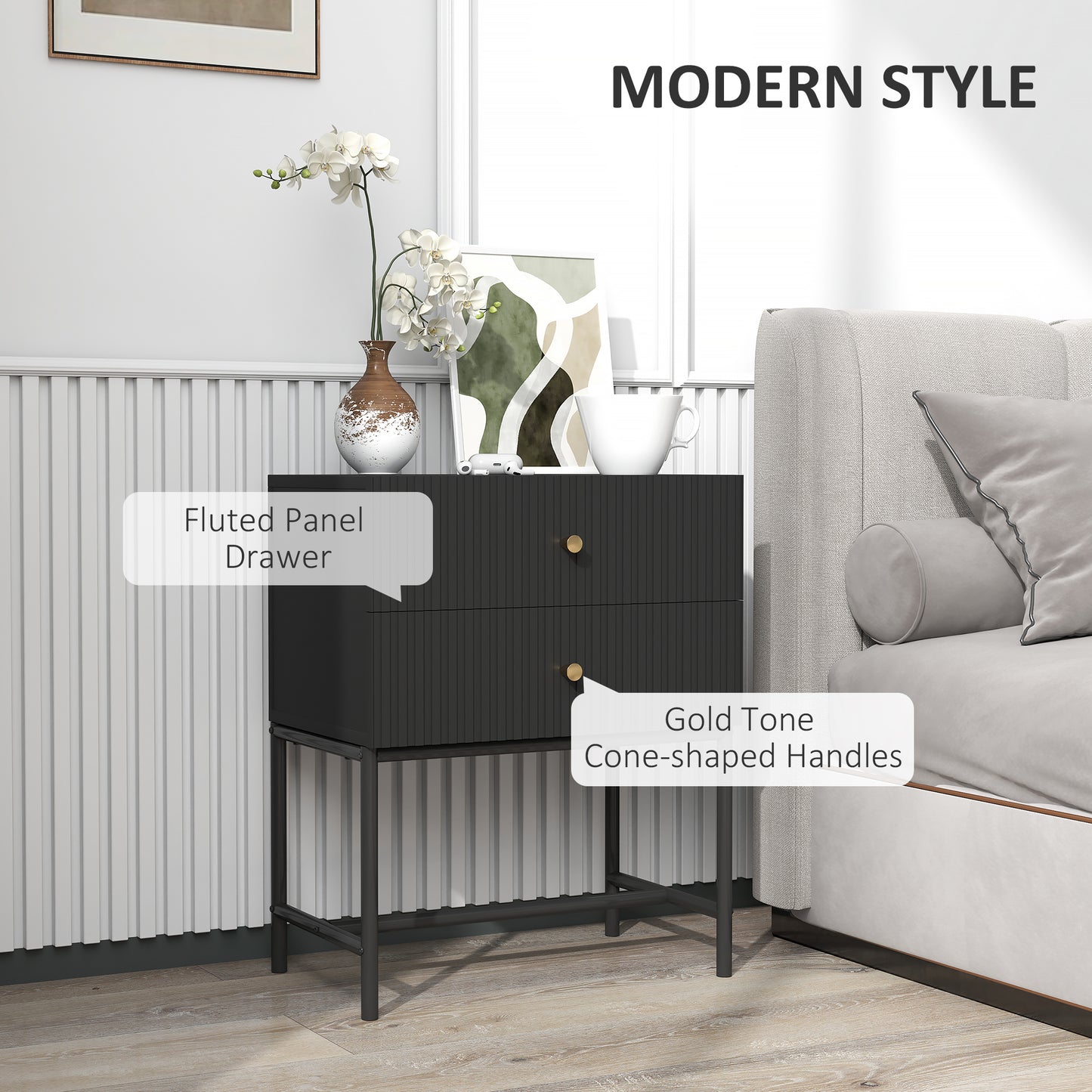 Homcom Elegant Two Drawer Bedside Table Set Of 2 Black Nightstands With Gold Handles