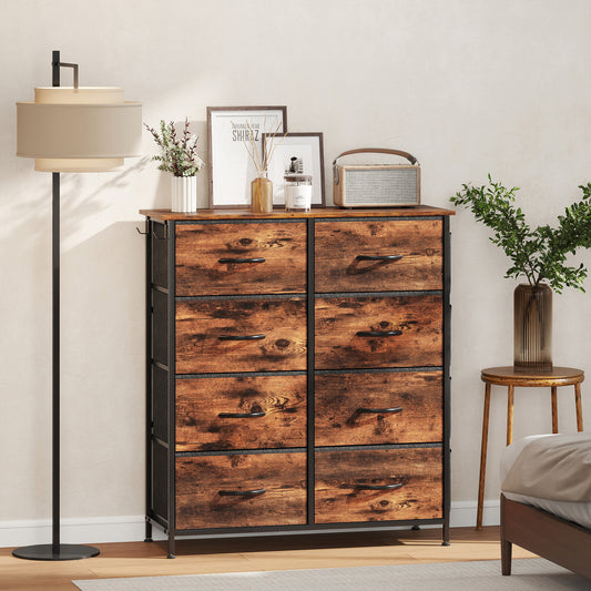 HOMCOM Chest Of Eight Fabric Drawers Rustic Brown With Steel Frame And X Bars For Bedroom Storage