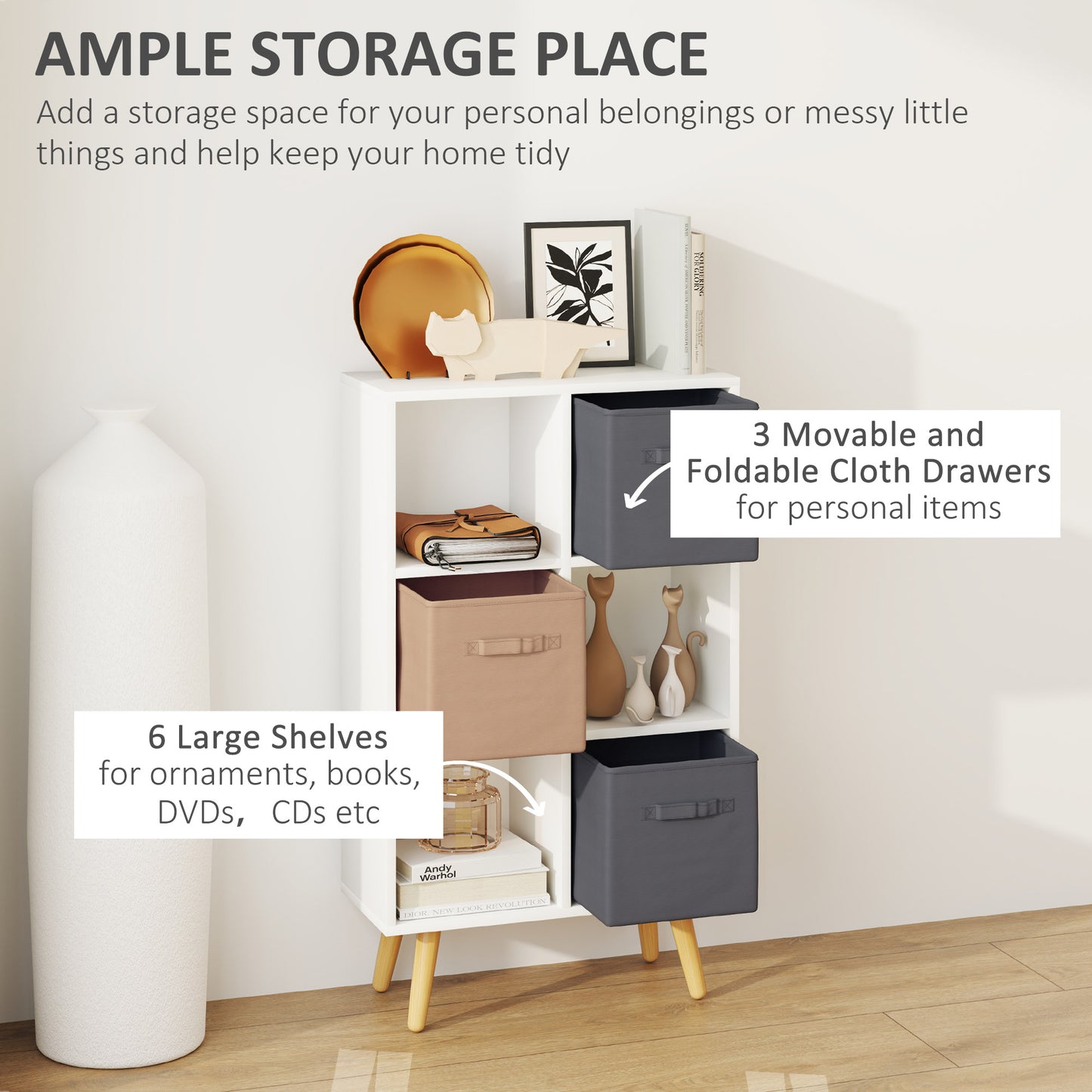 HOMCOM Freestanding 6 Cube Storage Cabinet With 3 Fabric Drawers And Open Shelves White Home Office