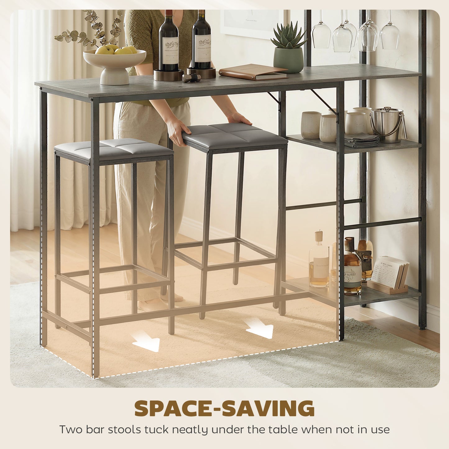 HOMCOM 3 Piece Breakfast Bar Table And Stools Set Washed Grey With 4 Tier Shelving And Wine Glass Racks