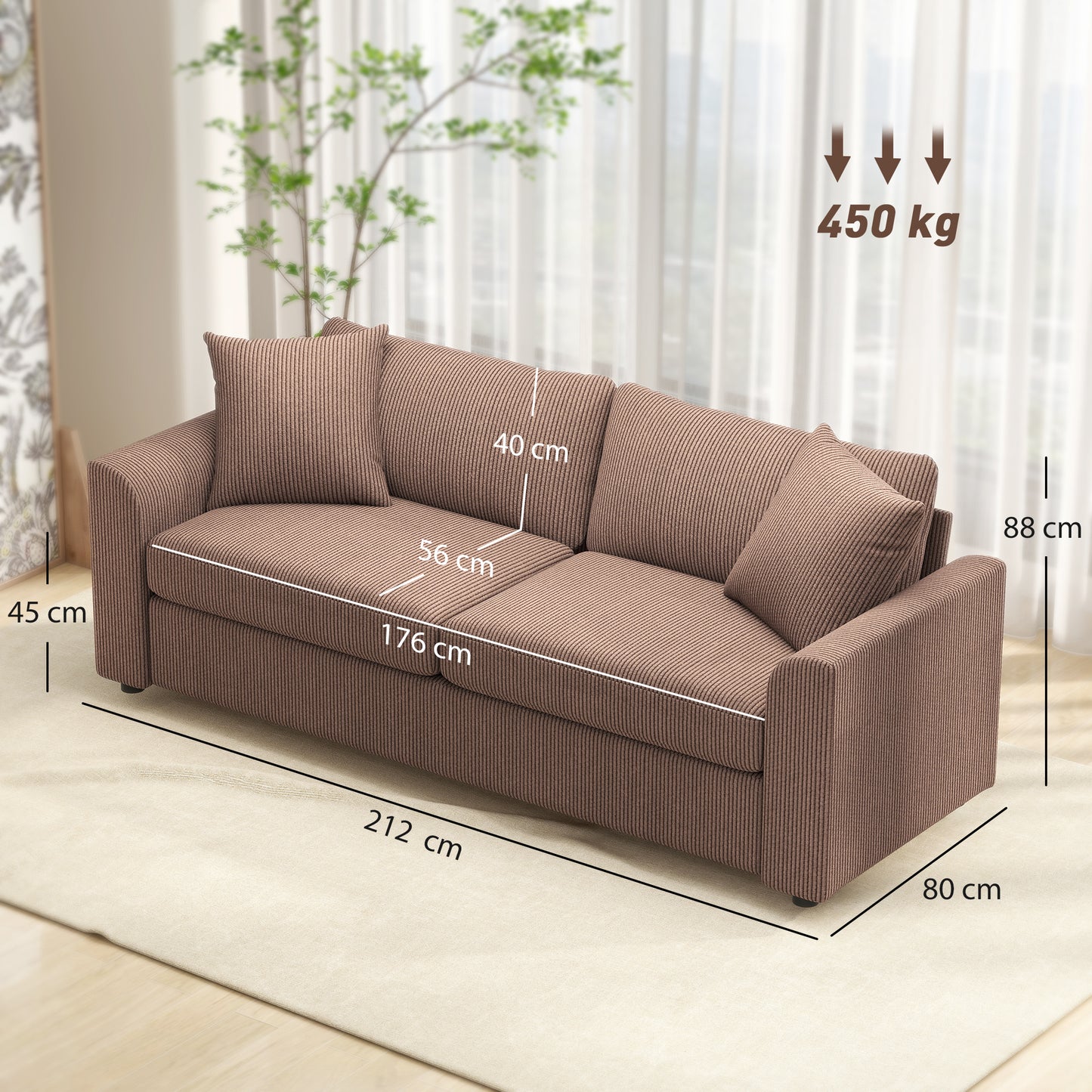 HOMCOM Modern 3 Seater Sofa With Spring Cushion 212 cm Fabric Jumbo Corduroy Couch With Scatter Cushions For Living Room