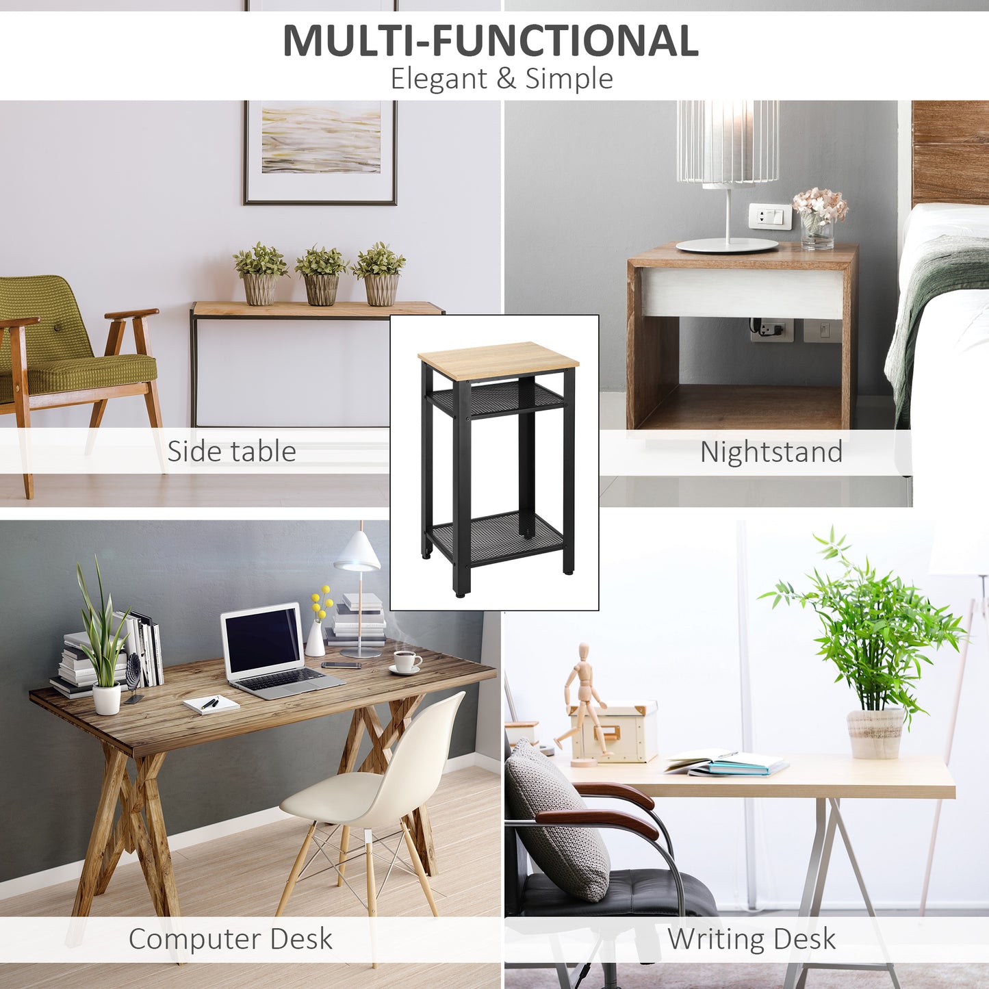 HOMCOM Tall Side Table Set Of 2 With 3 Levels And 2 Shelves Industrial Style Metal Frame Bedside End Tables Oak Black