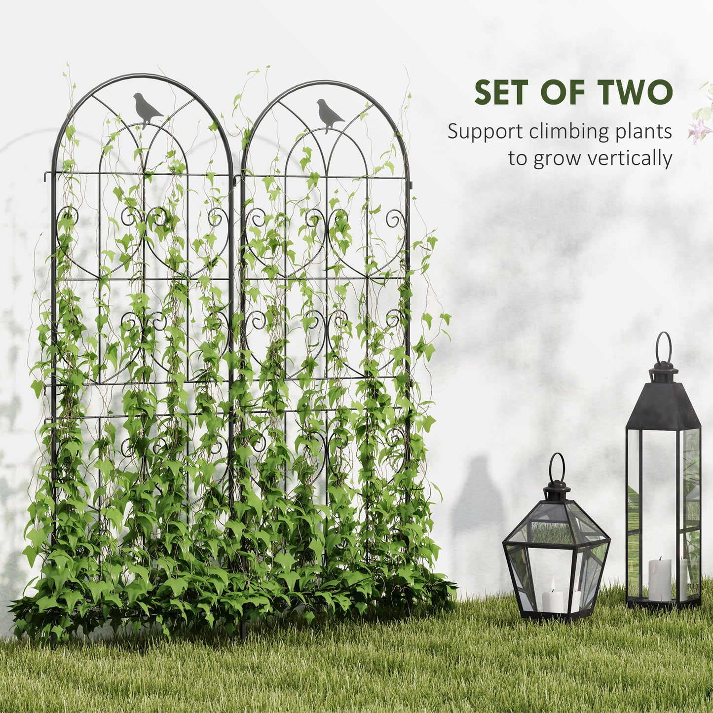 Outsunny Set Of 2 Garden Trellis Panels For Climbing Plants 150 X 50 Cm Weatherproof Powder Coated Metal Bird Motif