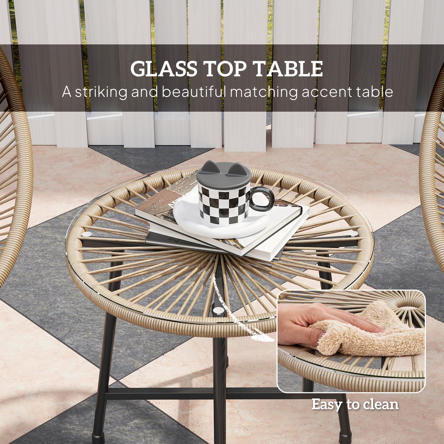 Outsunny Three Piece Rattan Bistro Set With Acapulco Chairs And Glass Top Table For Outdoor Patio Balcony Natural