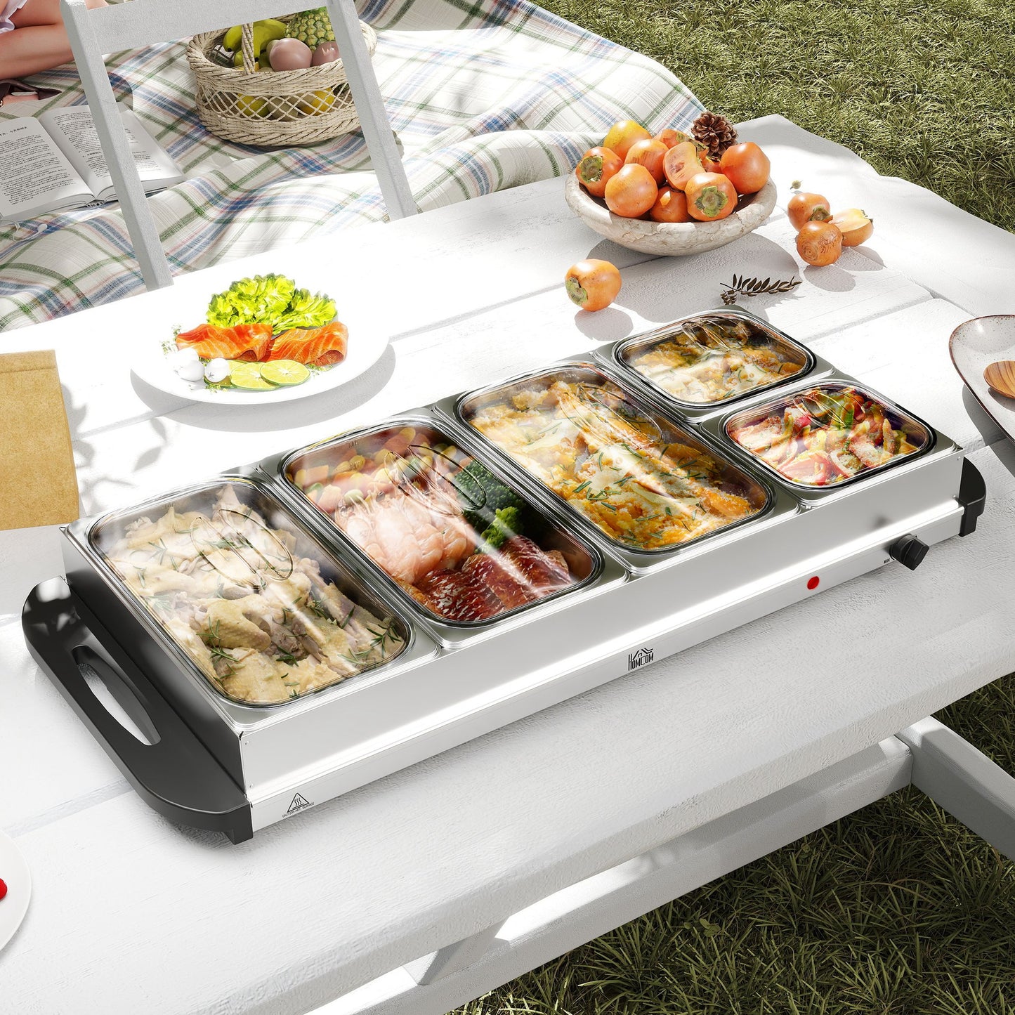 HOMCOM Five Tray Electric Buffet Warmer With Warming Plate And Adjust Temp Cool Touch Handles 300W 3X2.4L And 2X1L Pans