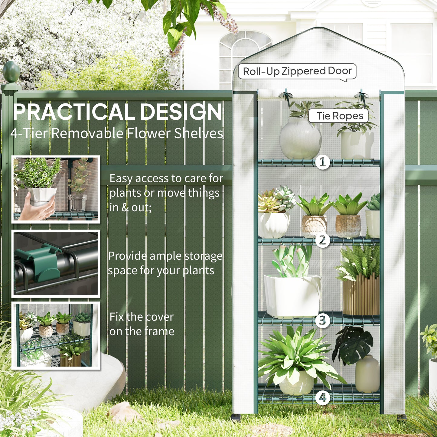Outsunny 4 Tier Mini Portable Greenhouse with Lockable Rolling Wheels White Metal Frame PE Cover