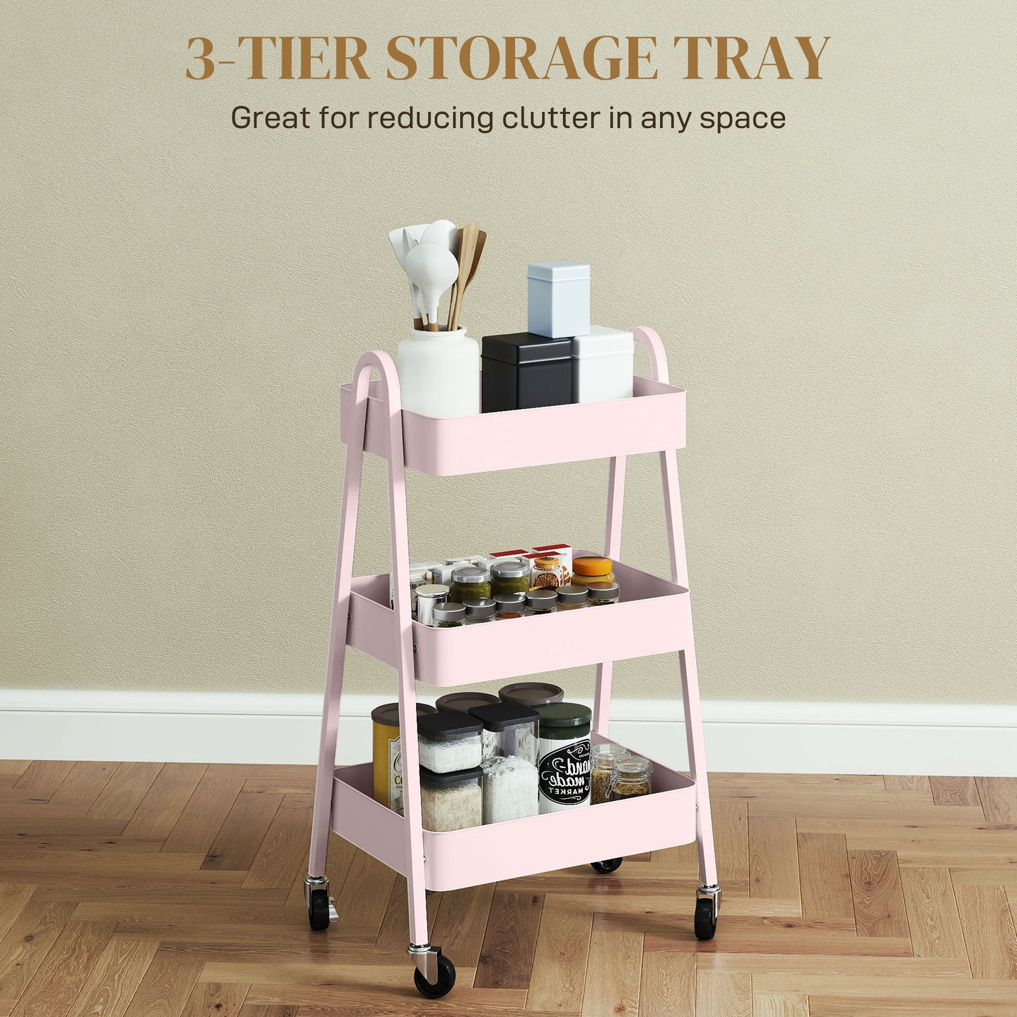 HOMCOM Three Tier Storage Trolley On Wheels Pink with Four Casters and Two Brakes
